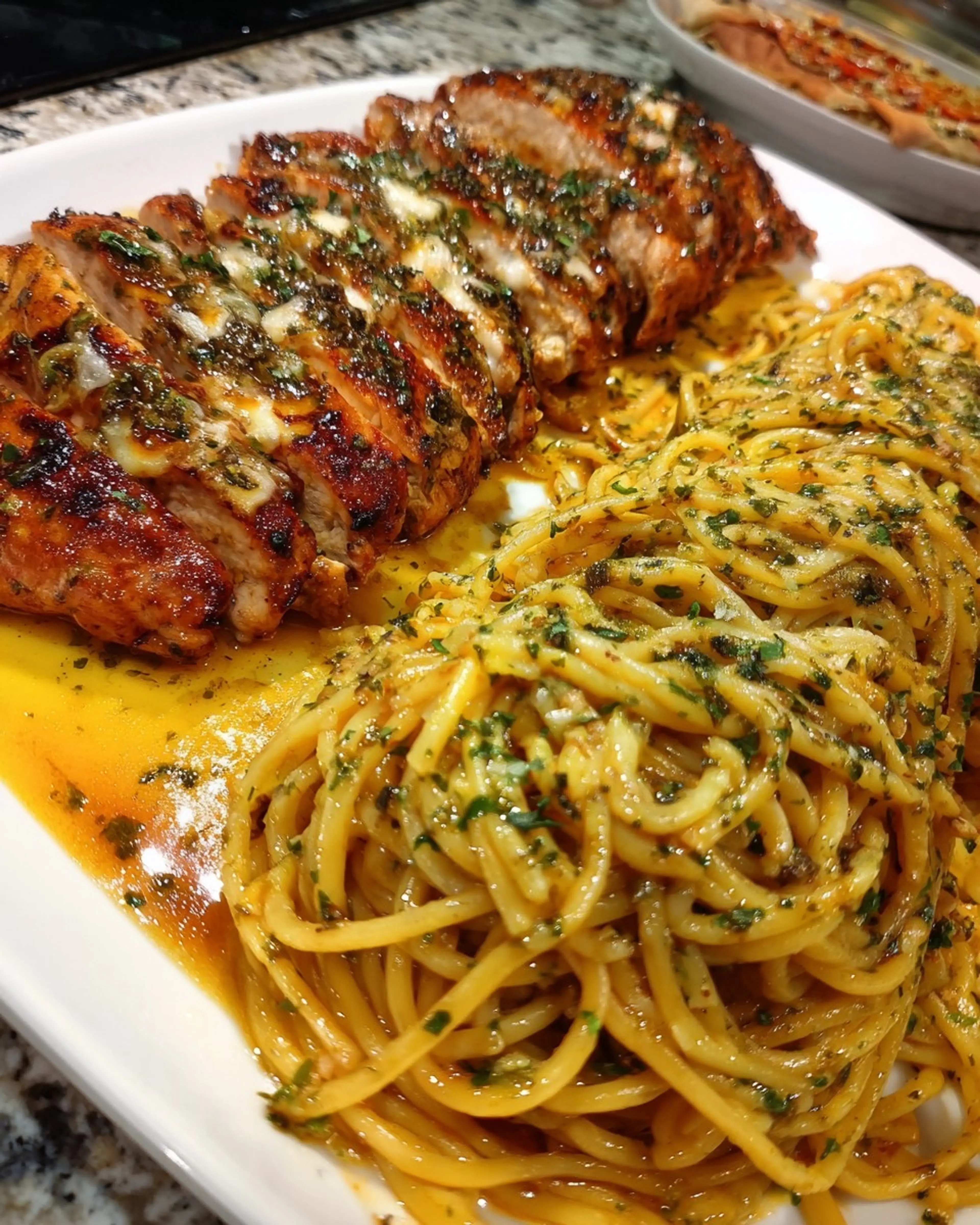 Garlic Herb Mozzarella Chicken with Creamy Spaghetti Cheddar