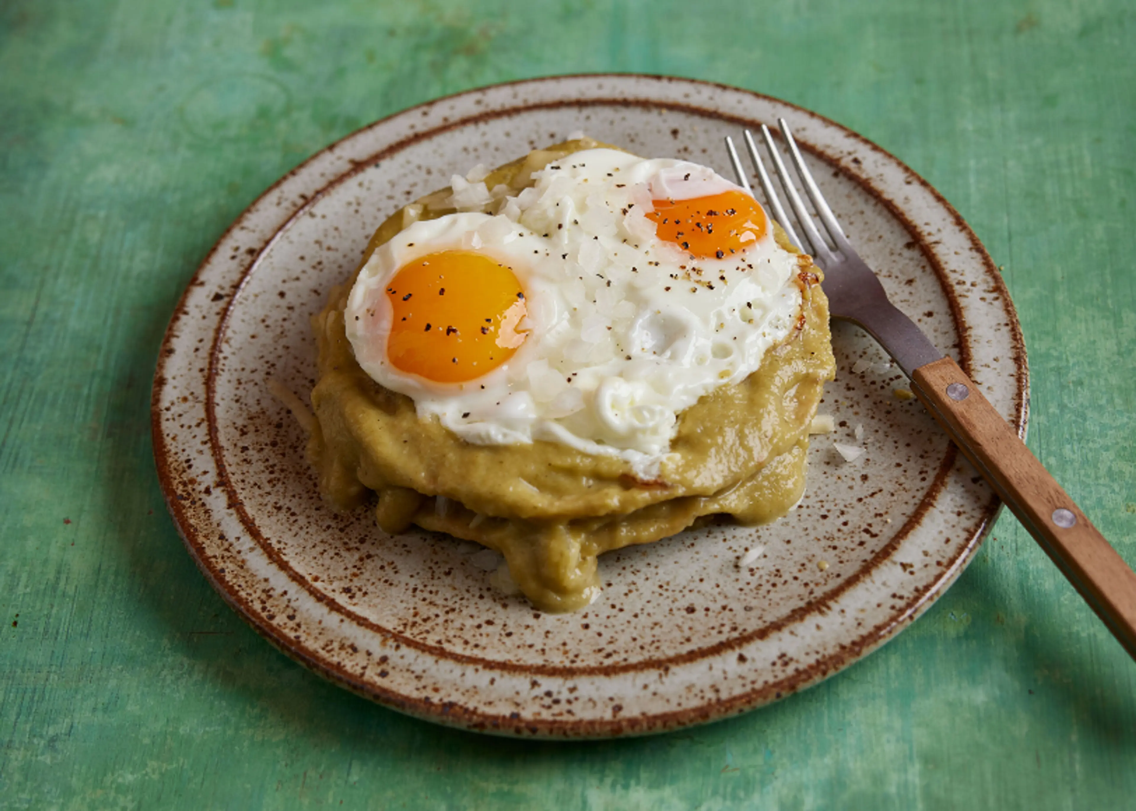 Chile Verde Stacked Enchiladas with Eggs