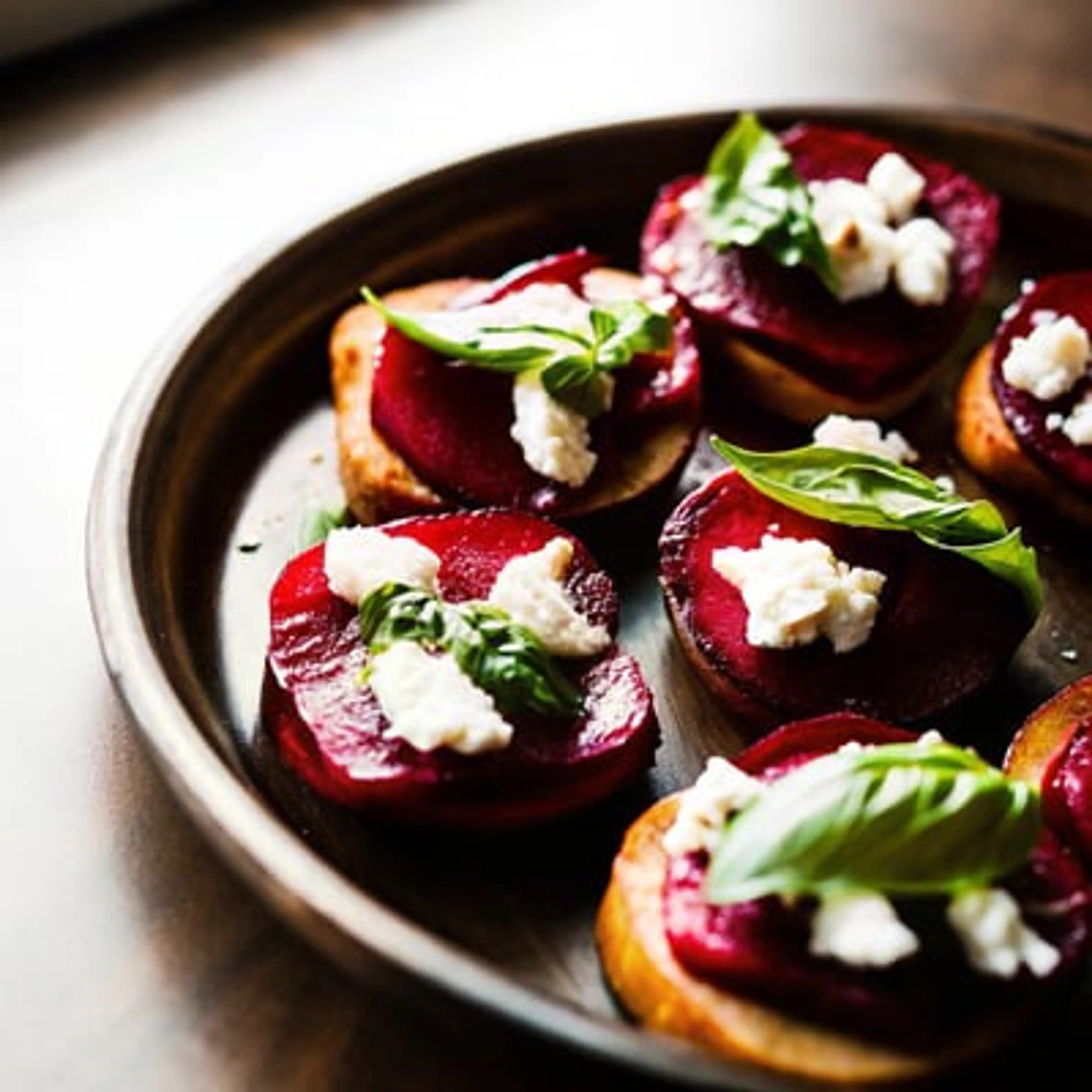 Beet Bruschetta with Goat Cheese and Basil
