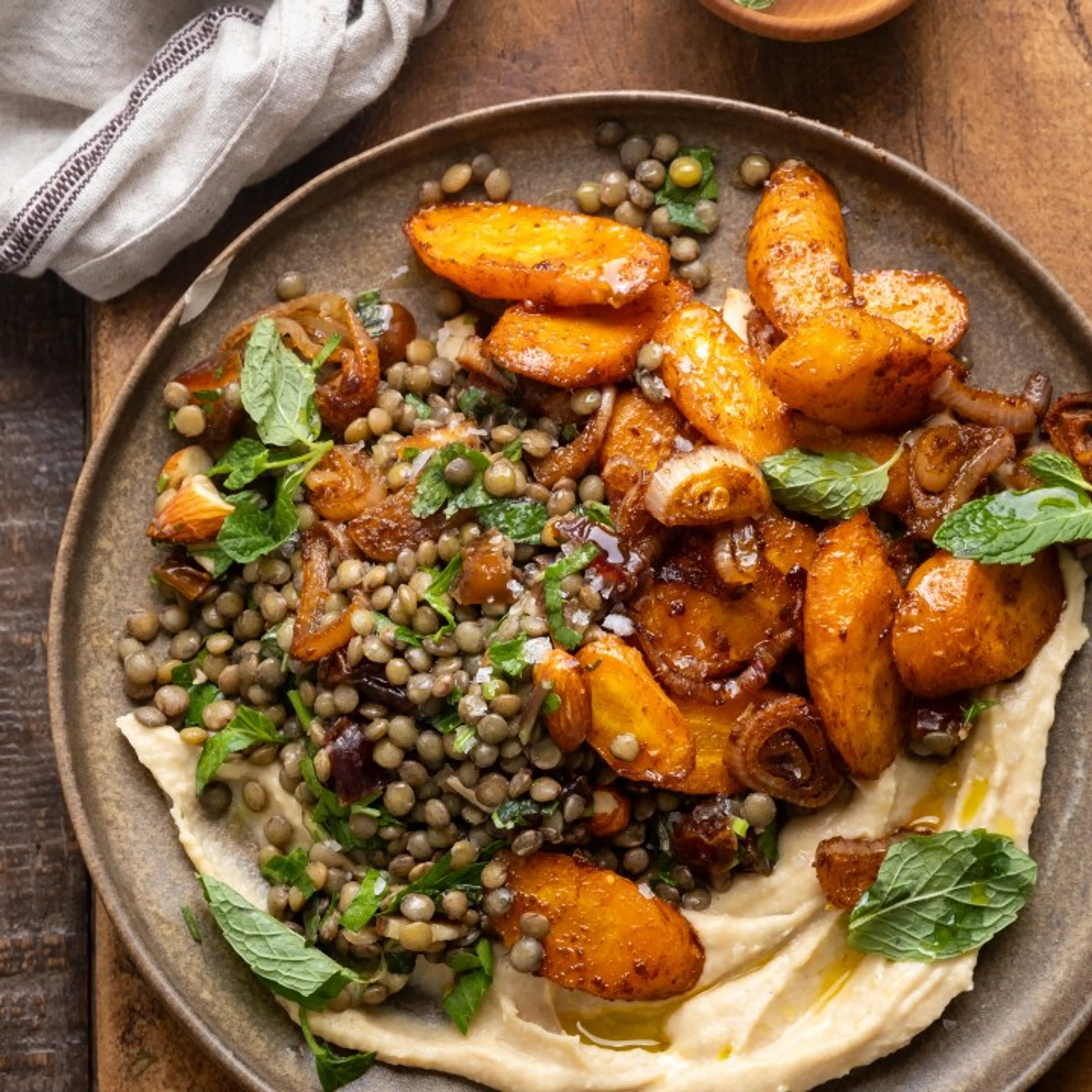 Roasted Carrots and Lentil Salad with Hummus