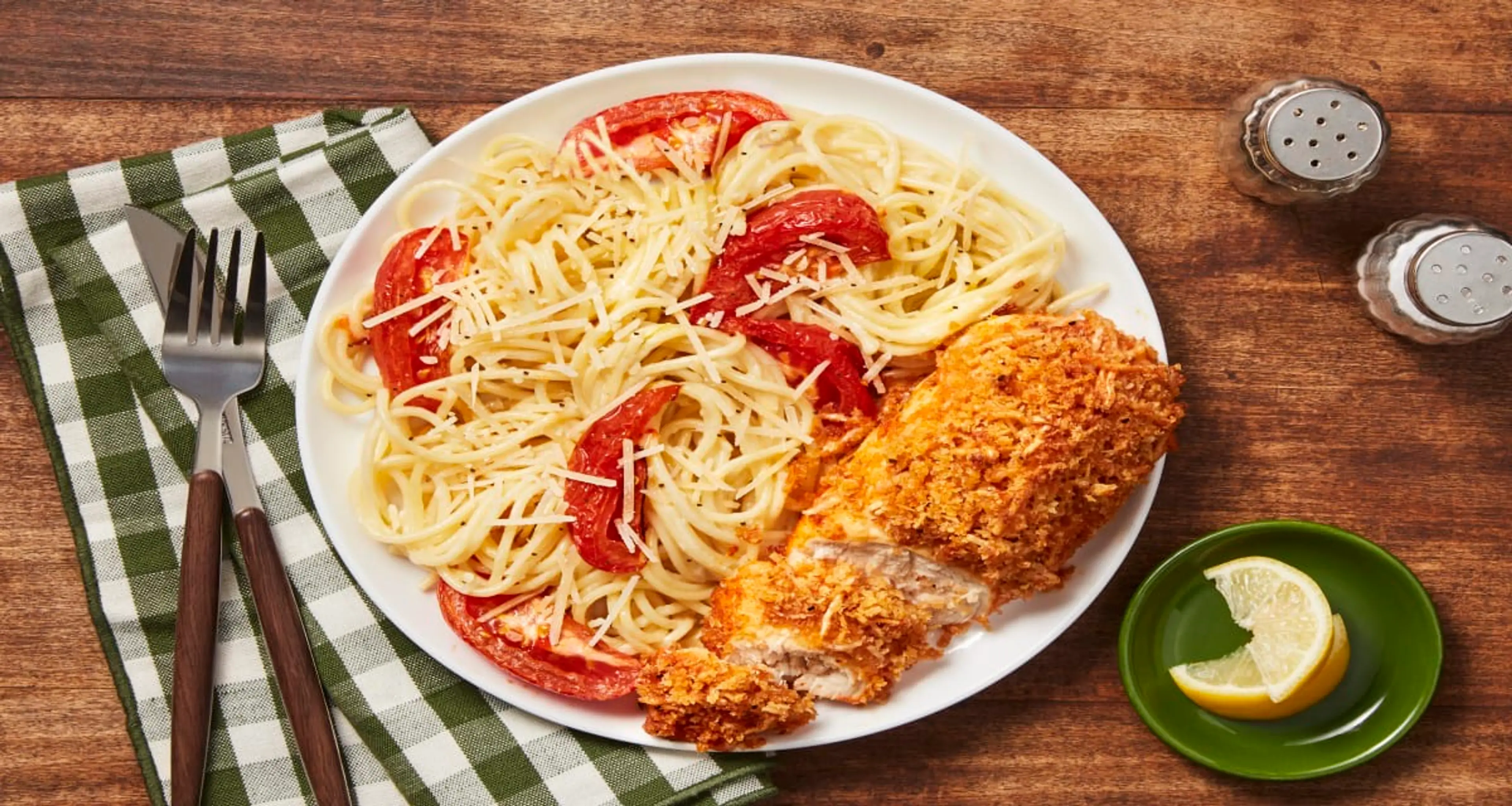 Parmesan-Crusted Chicken with Creamy Lemon Tomato Spaghetti
