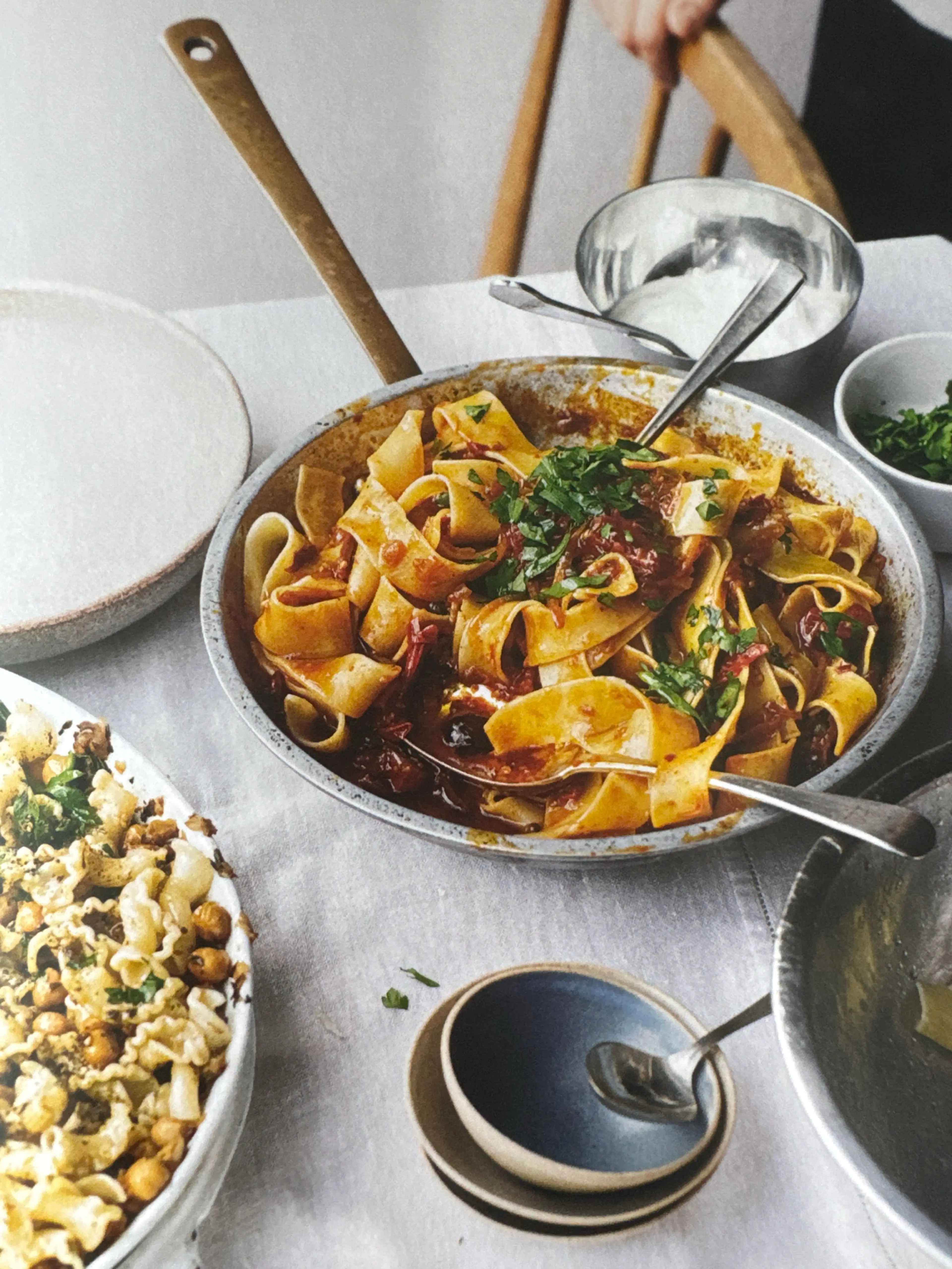 Pappardelle with rose harissa, black olives and capers