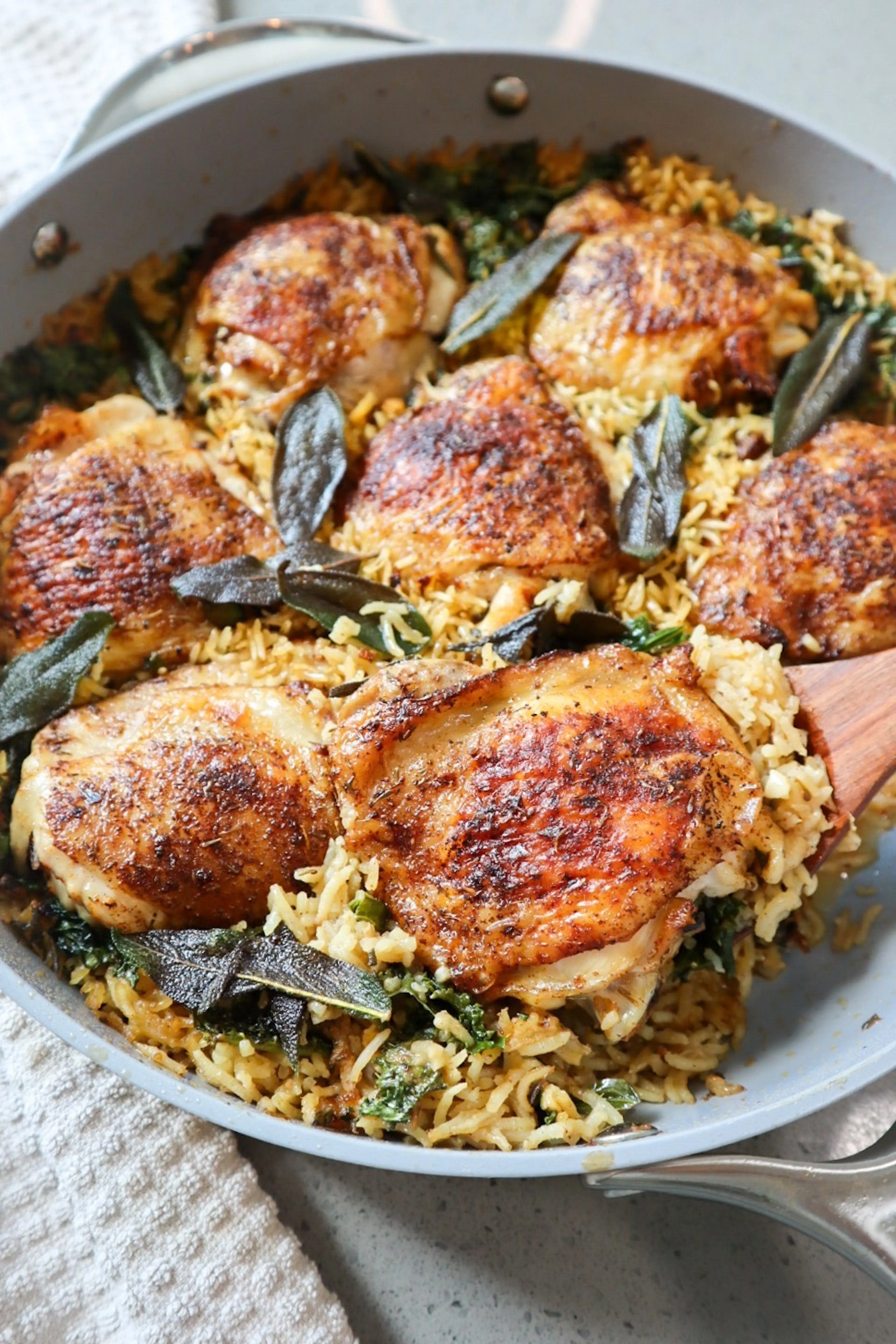 One Pan Garlic and Sage Chicken Thighs and Rice