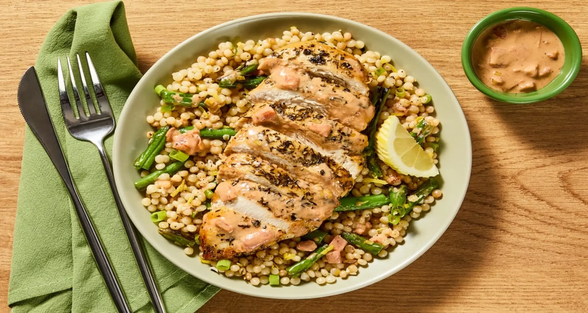 Chicken Thyme with Green Bean Couscous plus Tomato Cream Sau