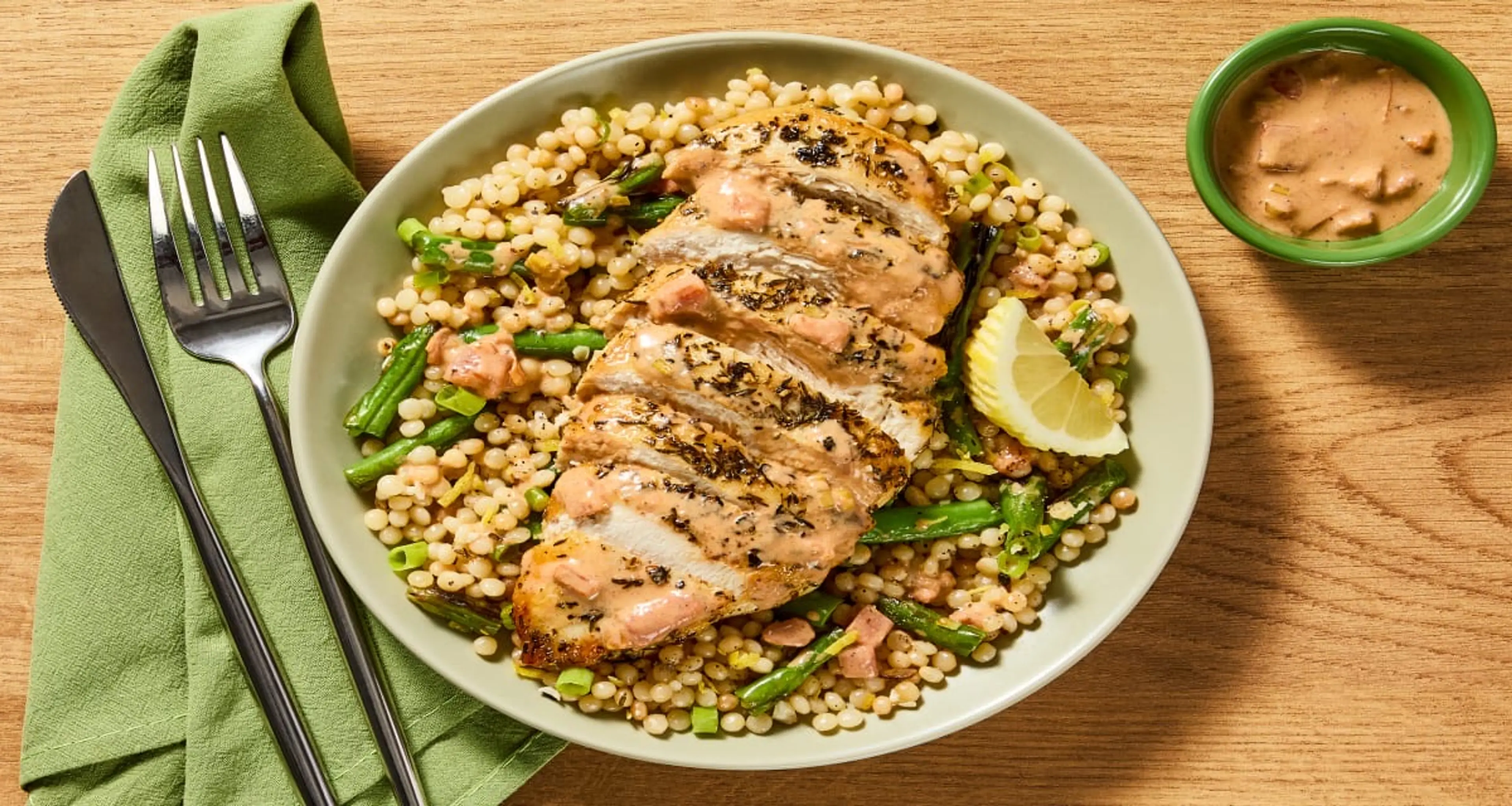 Chicken Thyme with Green Bean Couscous plus Tomato Cream Sau
