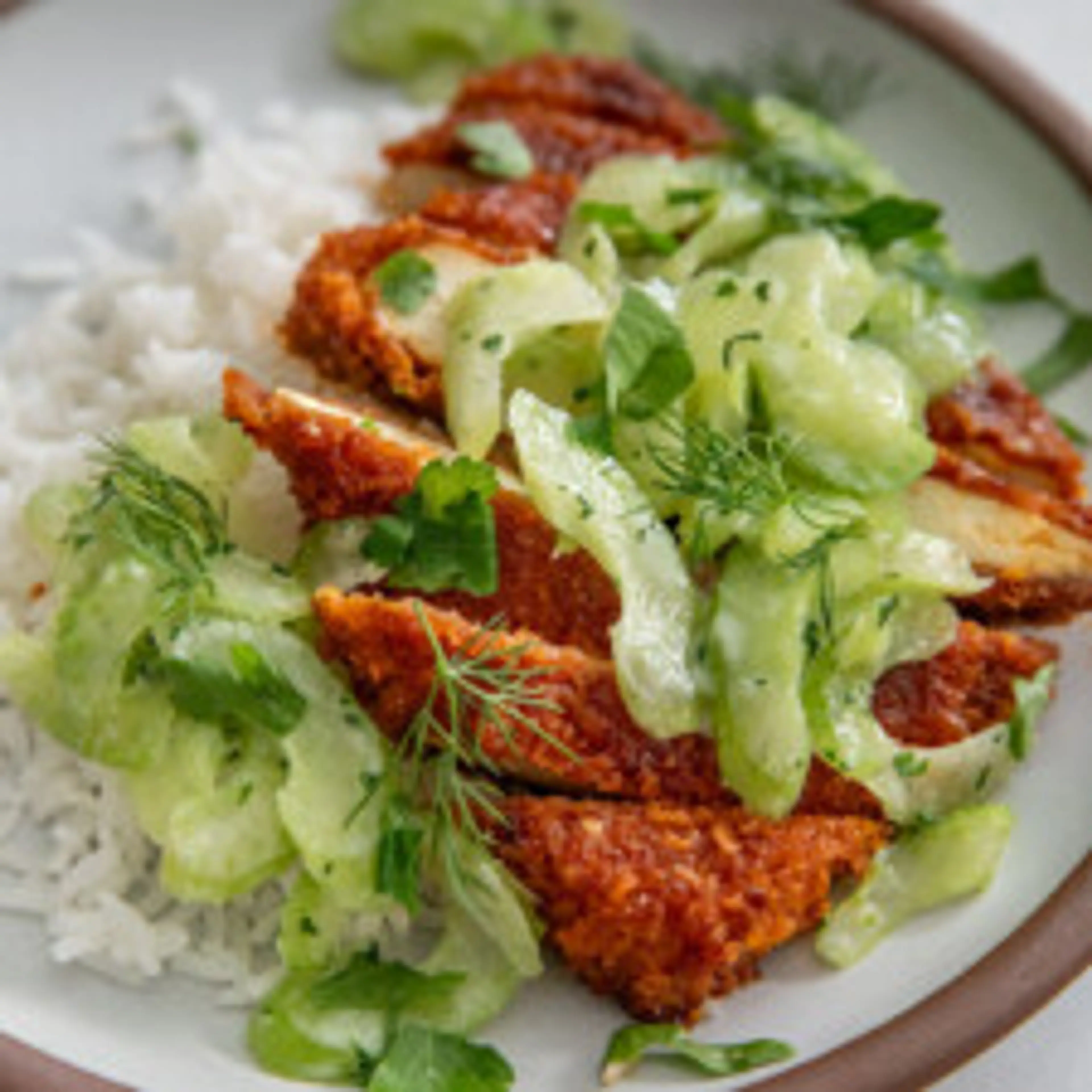 Buffalo Tofu Cutlets with Celery Ranch Slaw