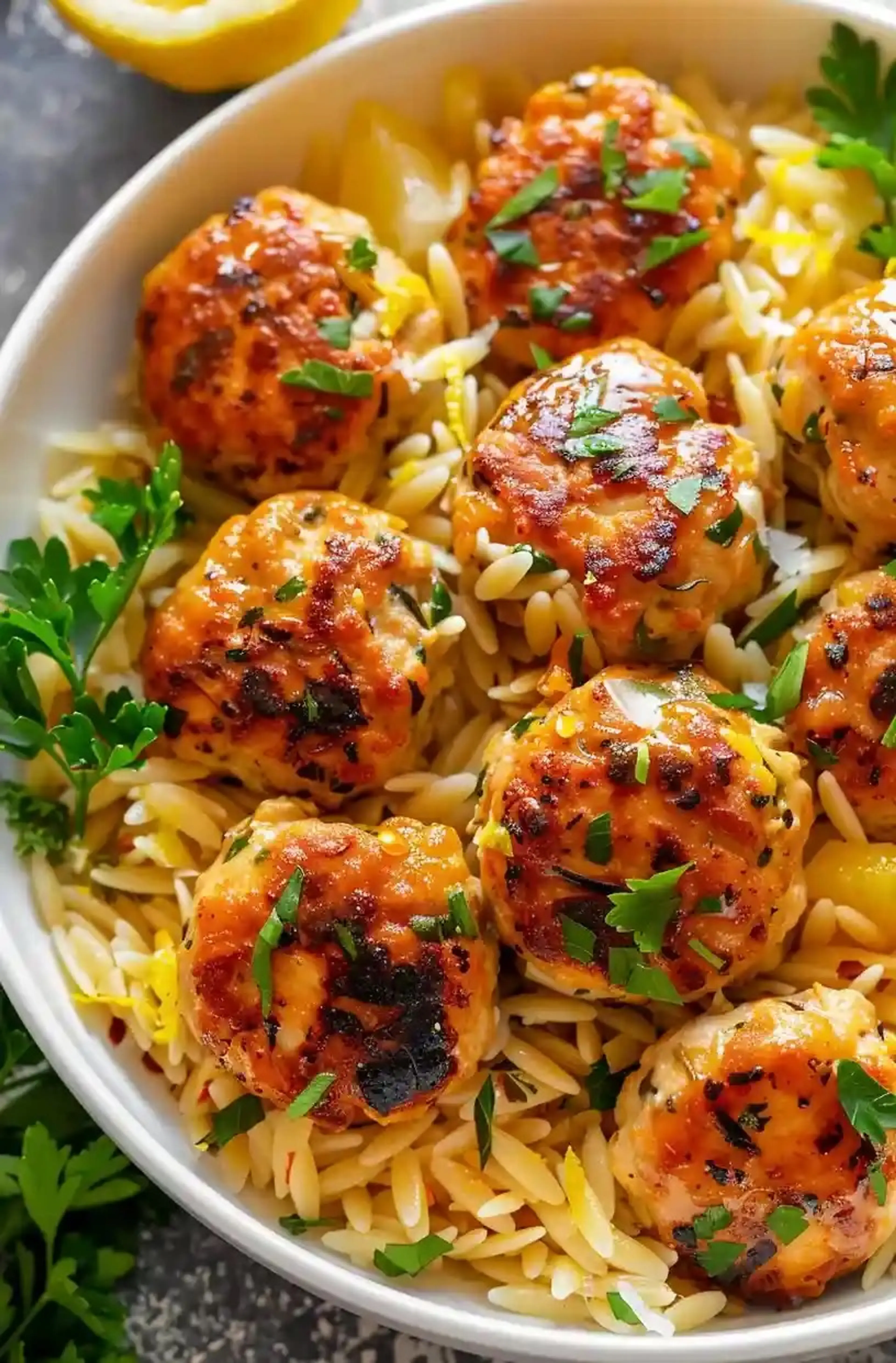 Greek Chicken Meatballs with Lemon Orzo