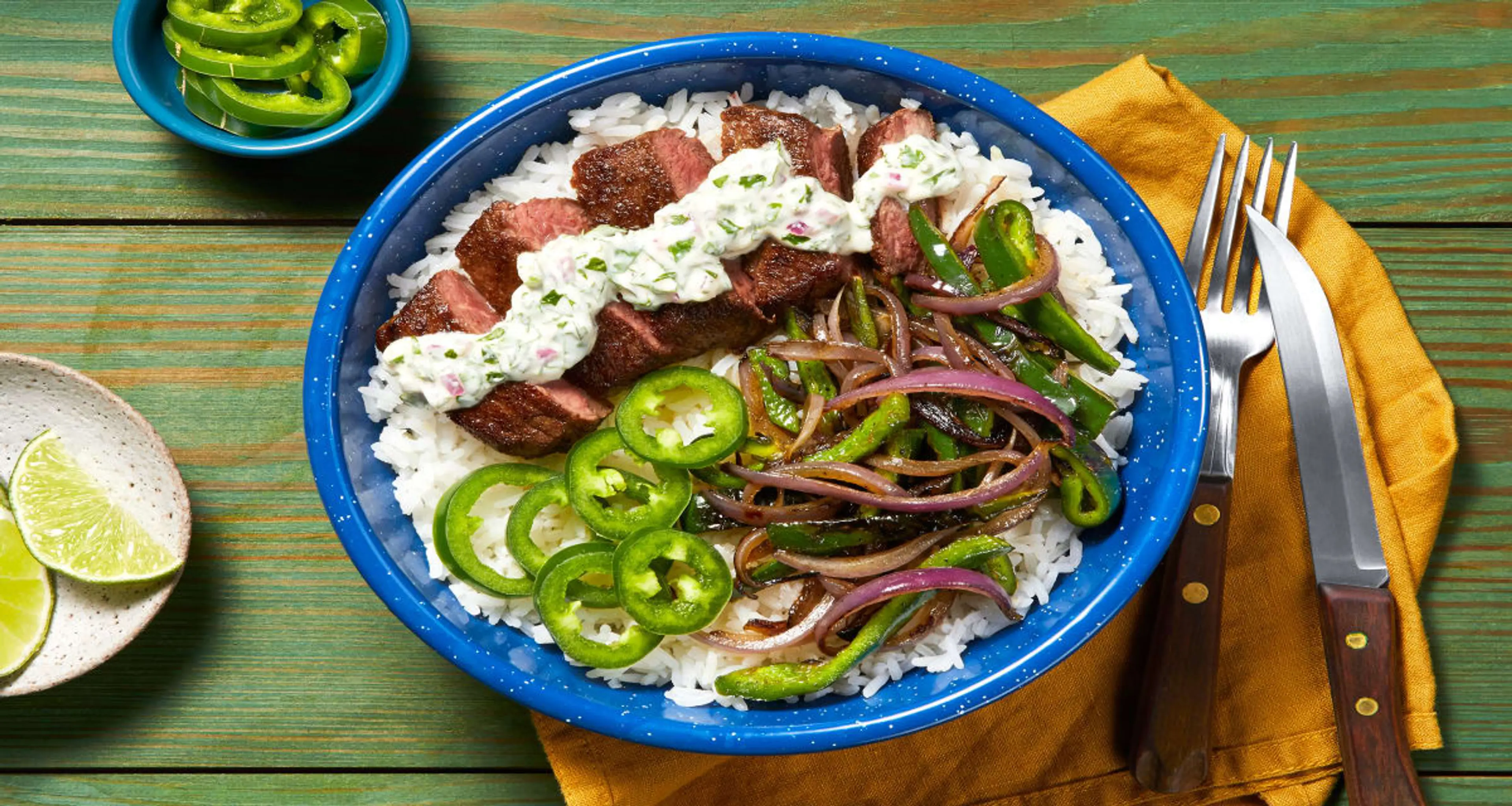 Creamy Cilantro Steak Bowls with Garlic Lime Rice & Charred