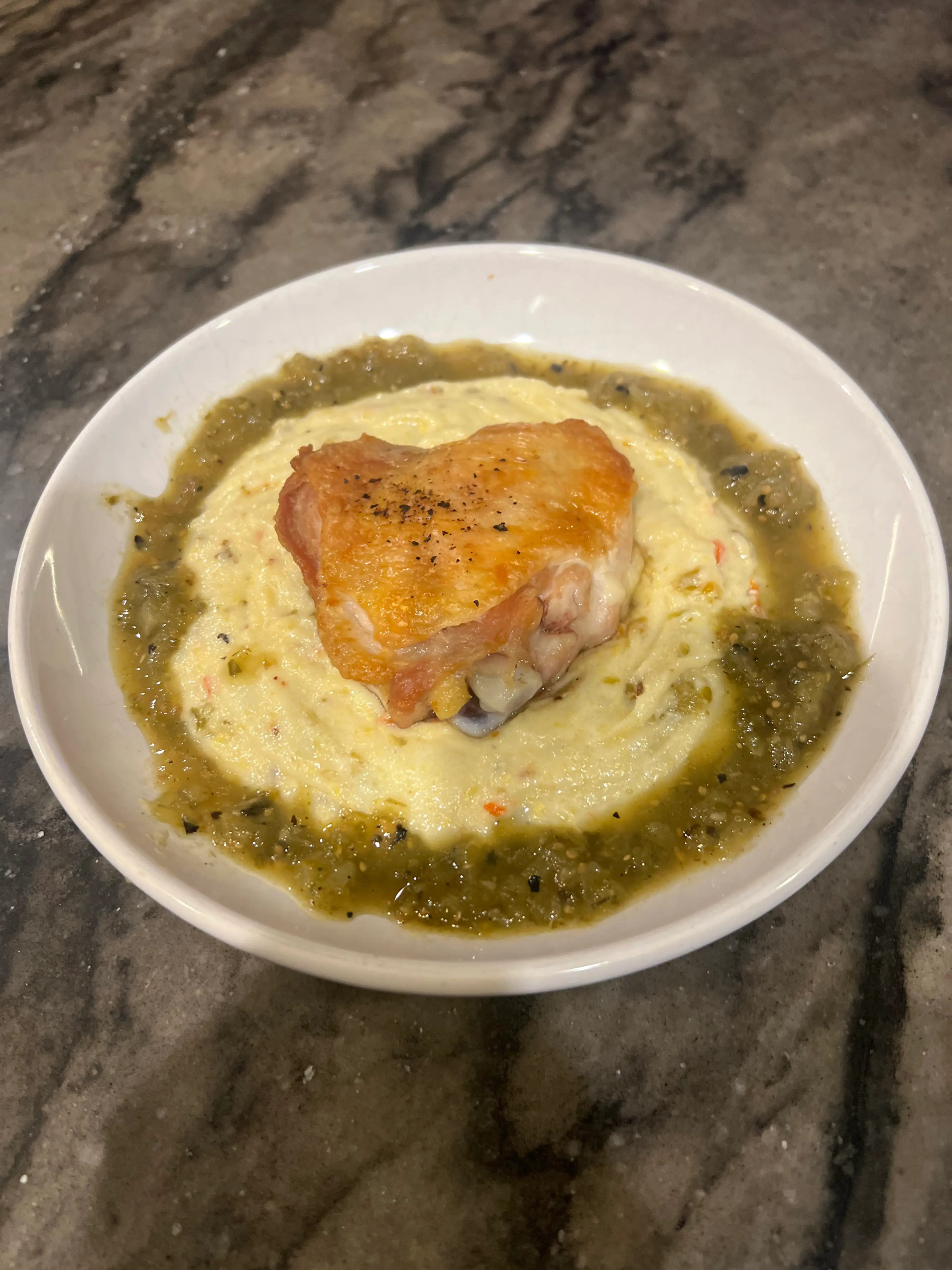 Crispy chicken Thighs with Green Chili Polenta And Frontera