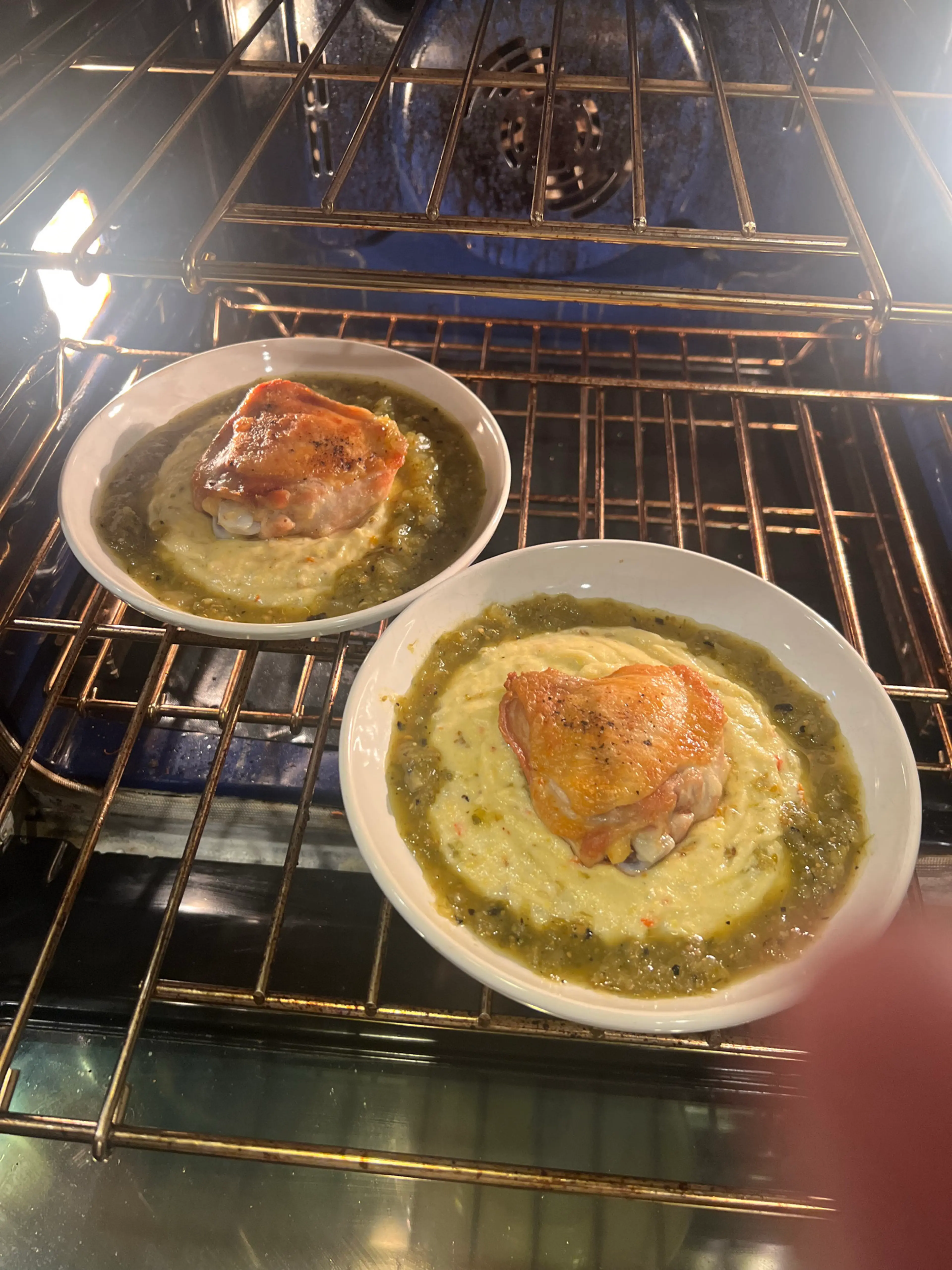 Crispy chicken Thighs with Green Chili Polenta And Frontera