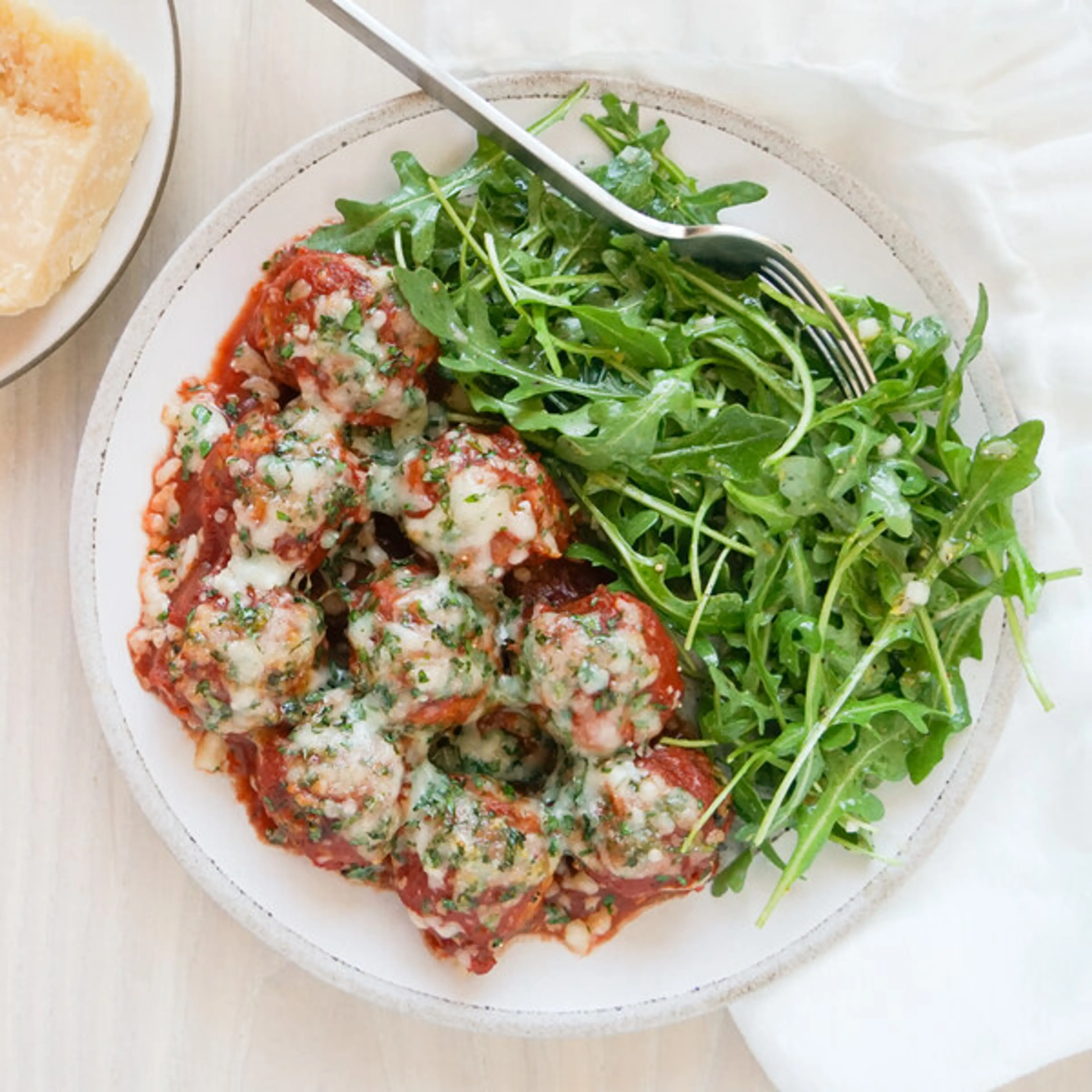"Chicken Parmesan" Meatballs & Arugula with Lemon-Shallot Dr
