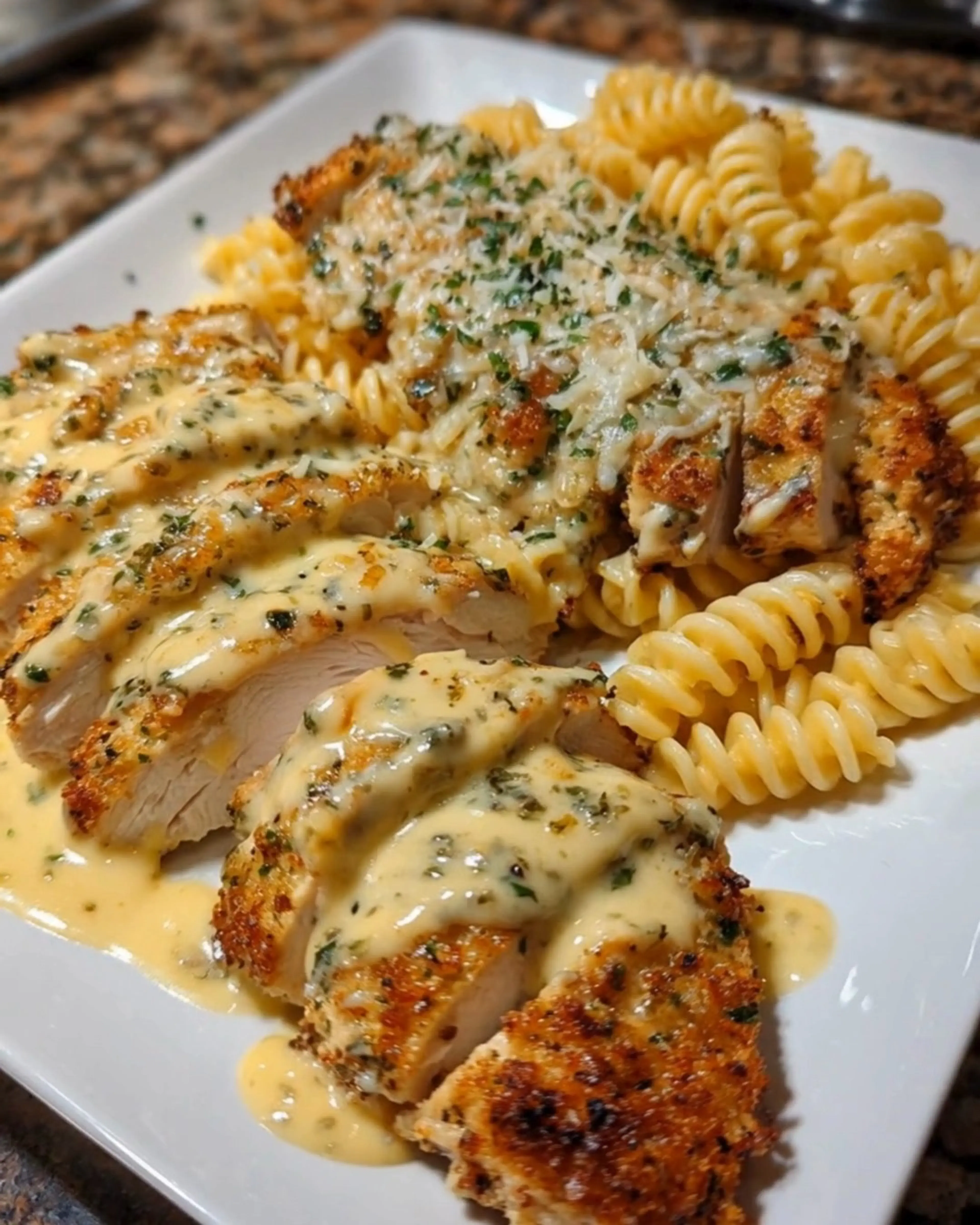 Caesar Chicken with Creamy Garlic Parmesan Rotini