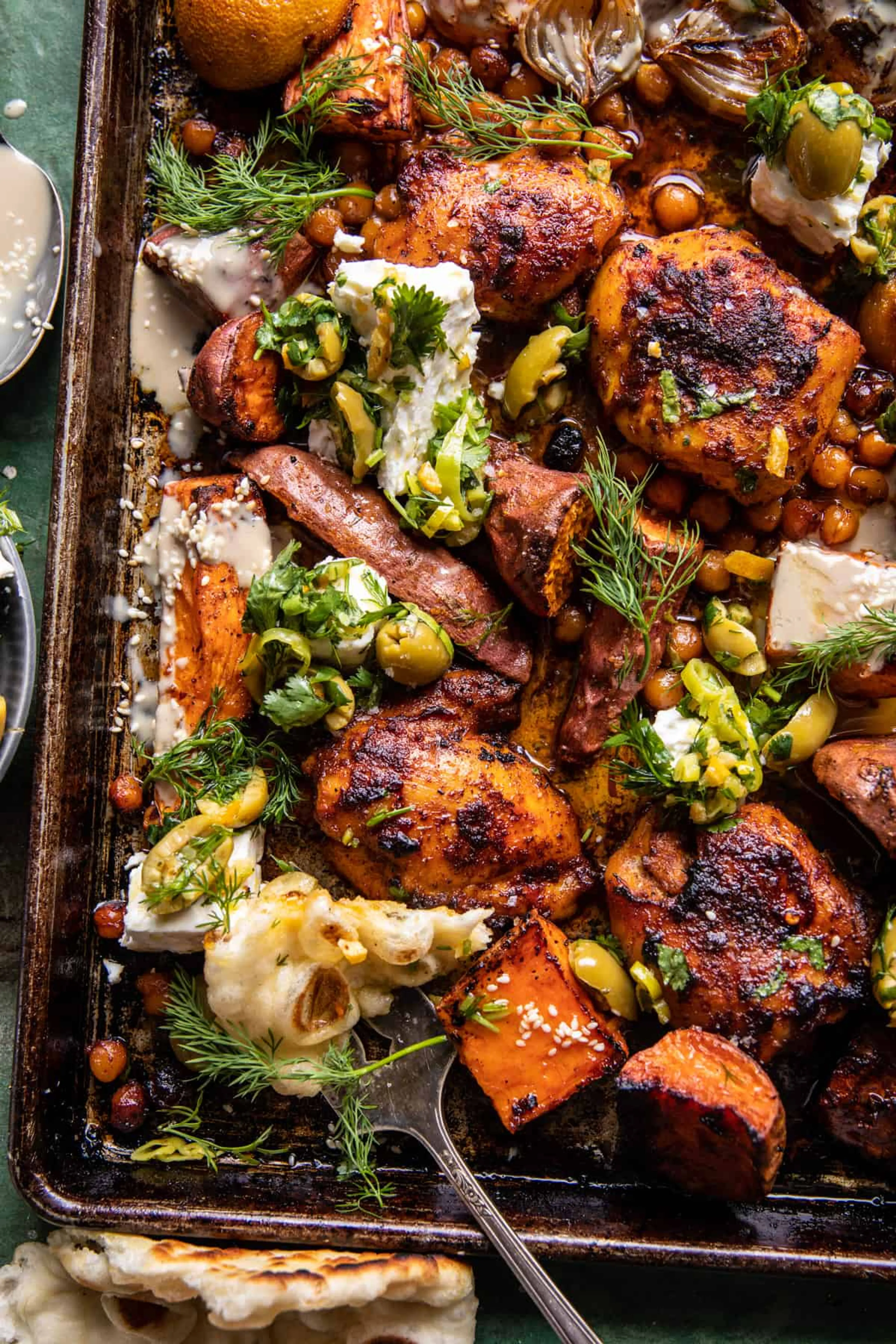 Sheet Pan Curry Butter Chicken w Sweet Potatoes and Tahini