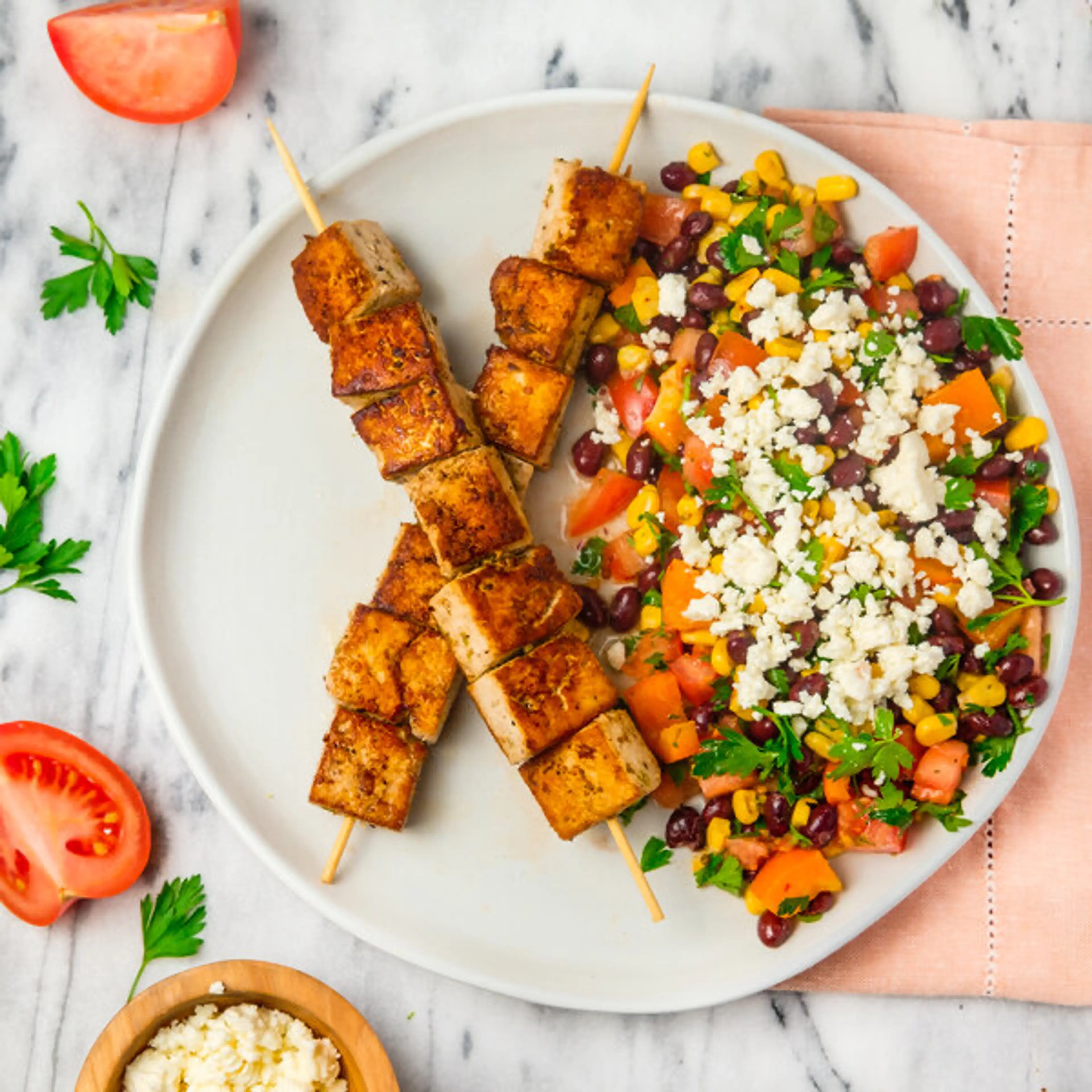 Grilled Lime Tofu with Black Bean, Corn, Pepper, Tomato & Fe