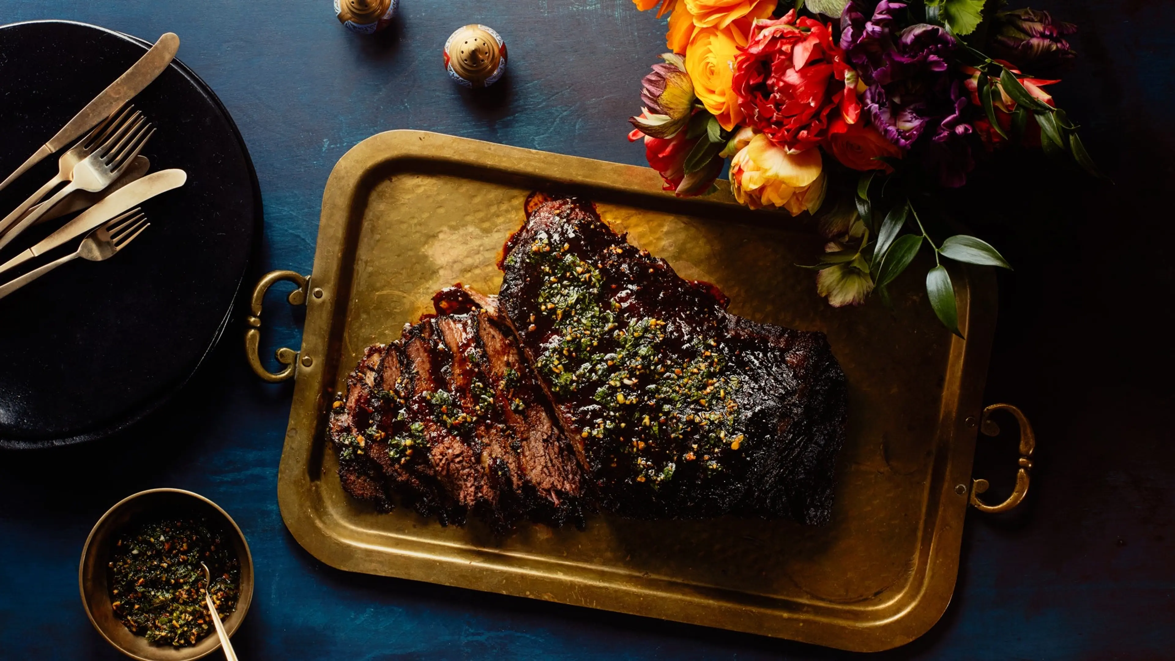 Brisket with Pomegranate-Walnut Sauce and Pistachio Gremolat
