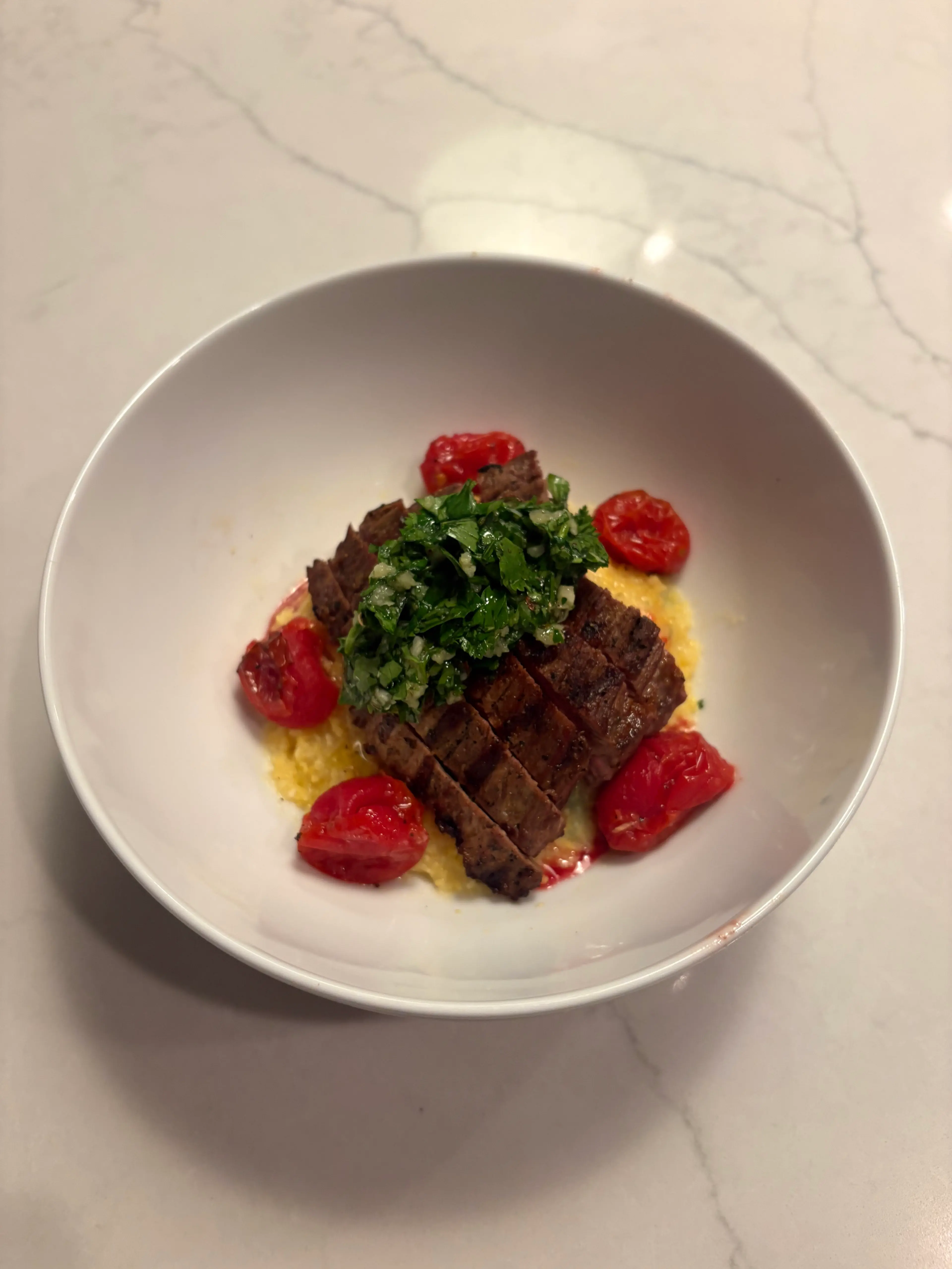 Chimichurri Skirt Steak with Polenta & Roasted Cherry Tomato