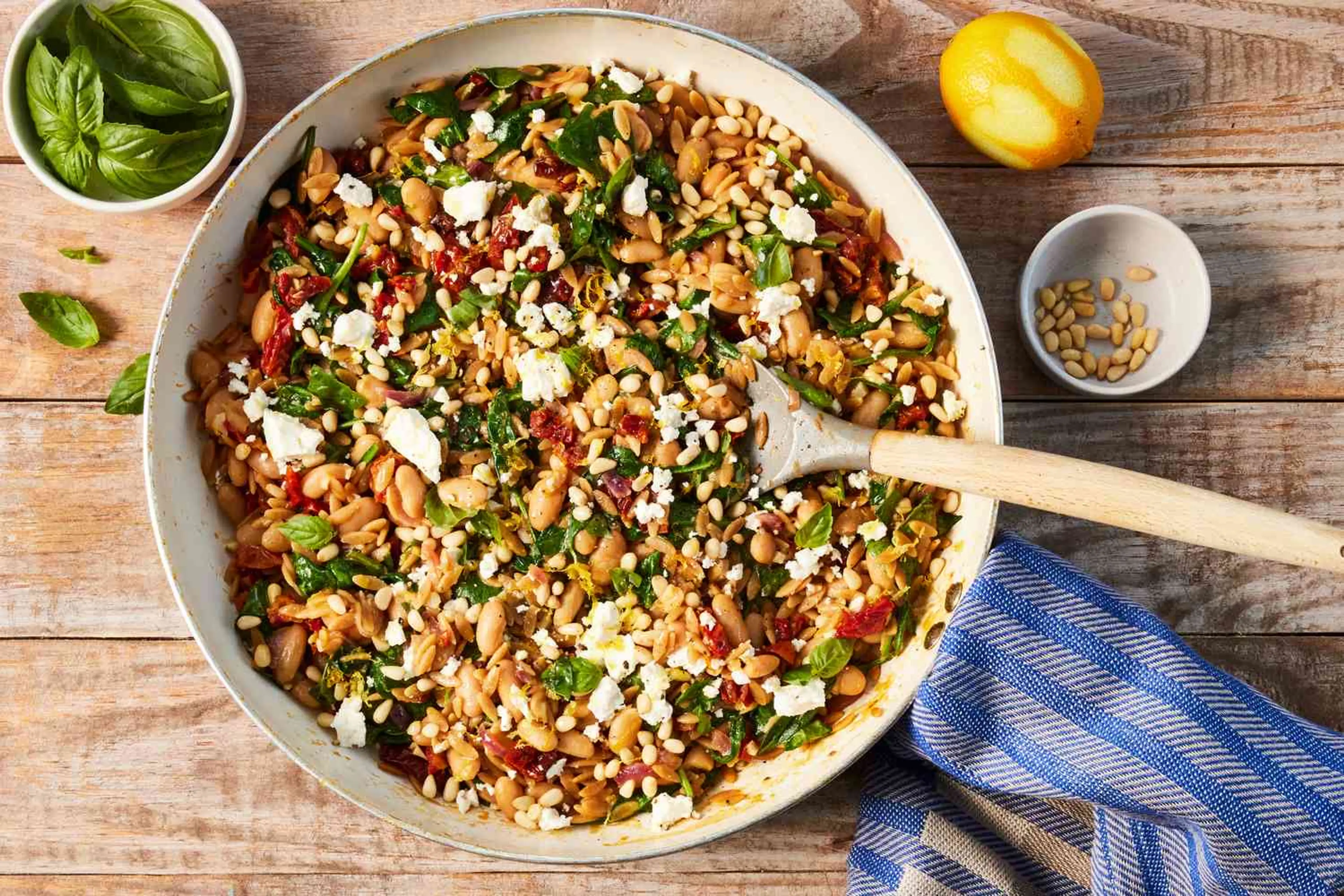 One-Pot White Bean, Spinach & Sun-Dried Tomato Orzo with Lem
