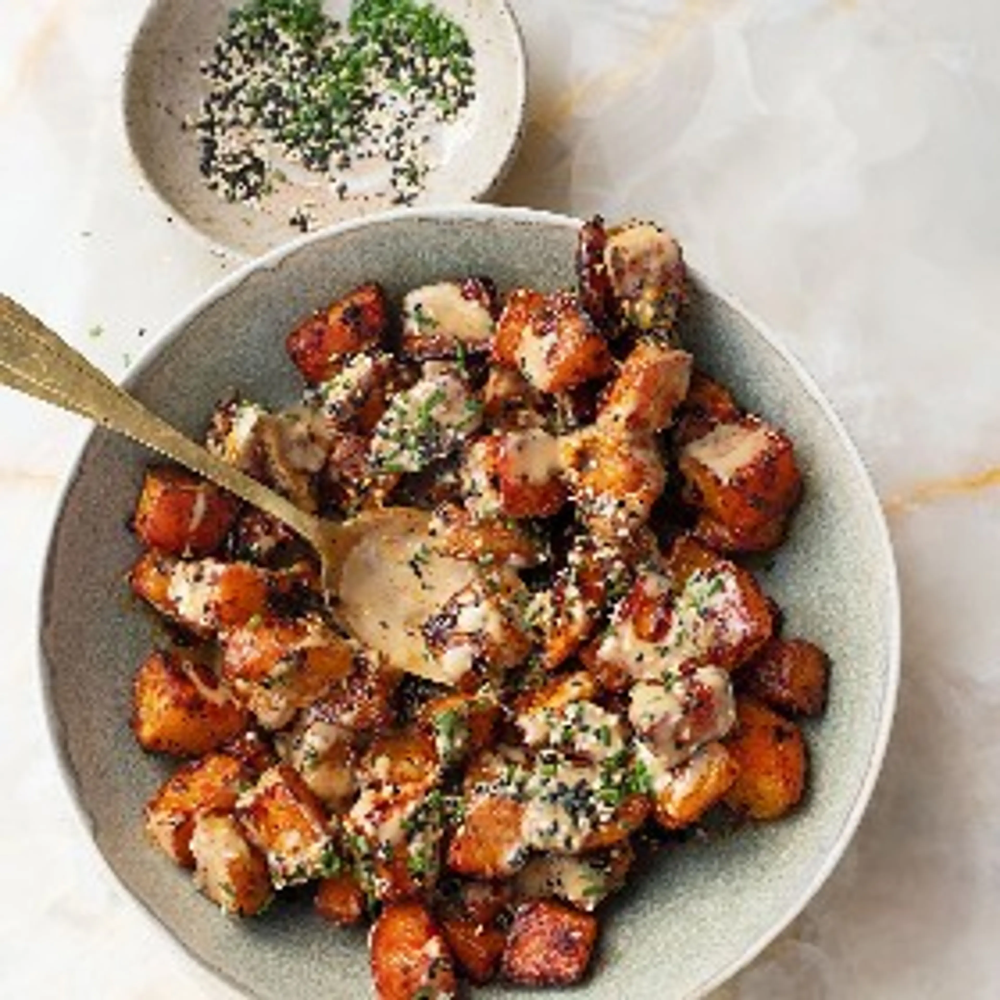 Spicy Roast Potatoes with Tahini and Soy