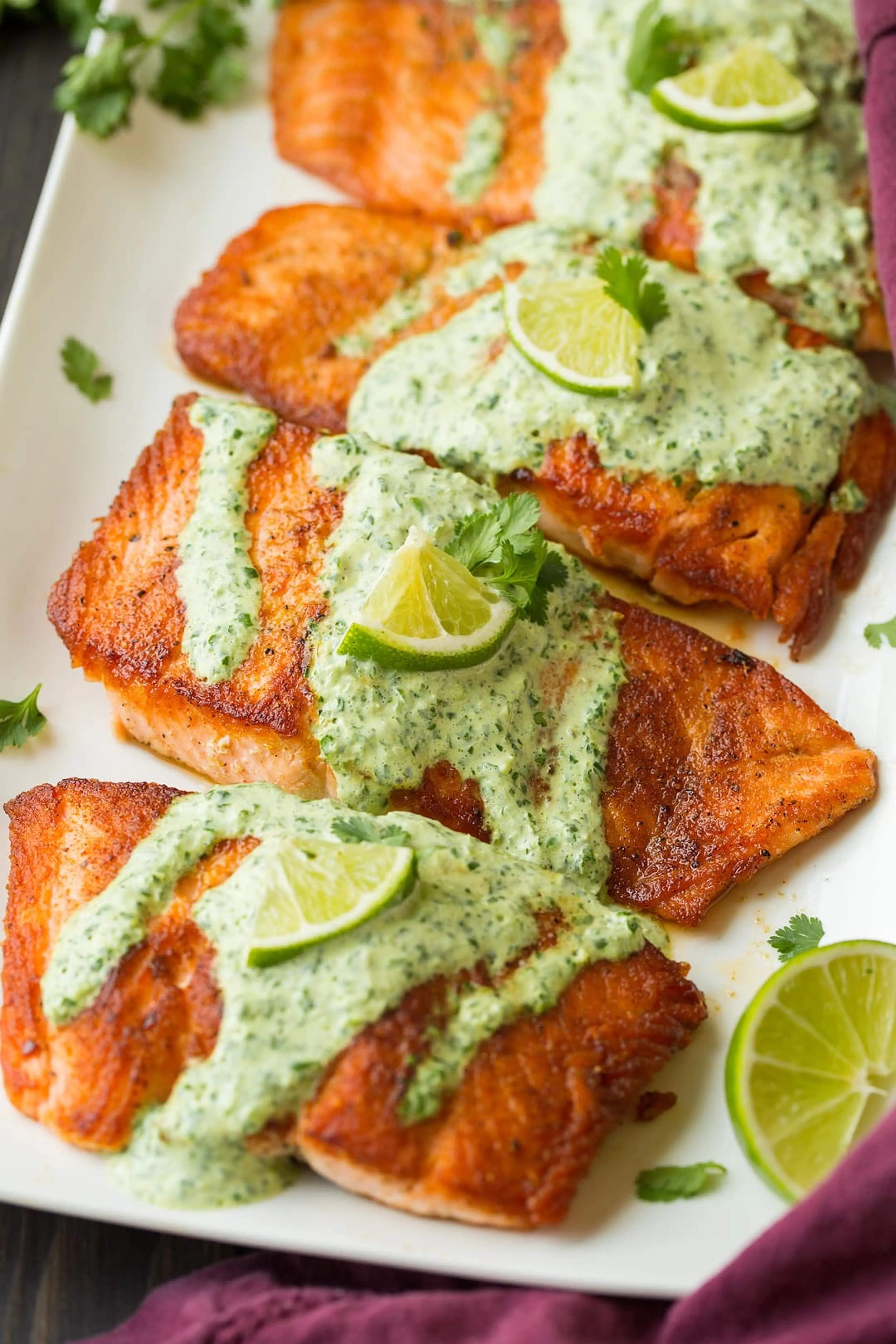 Skillet Seared Salmon with Creamy Cilantro Lime Sauce