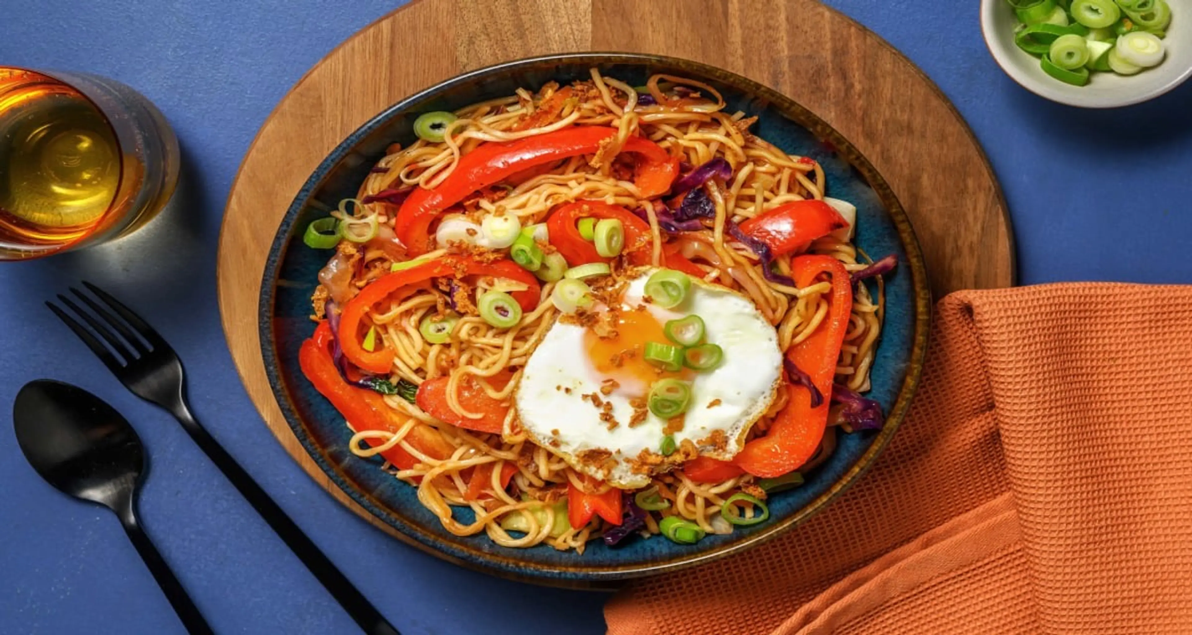 Indonesian-Style Stir-Fried Noodles with Fried Eggs and Cris