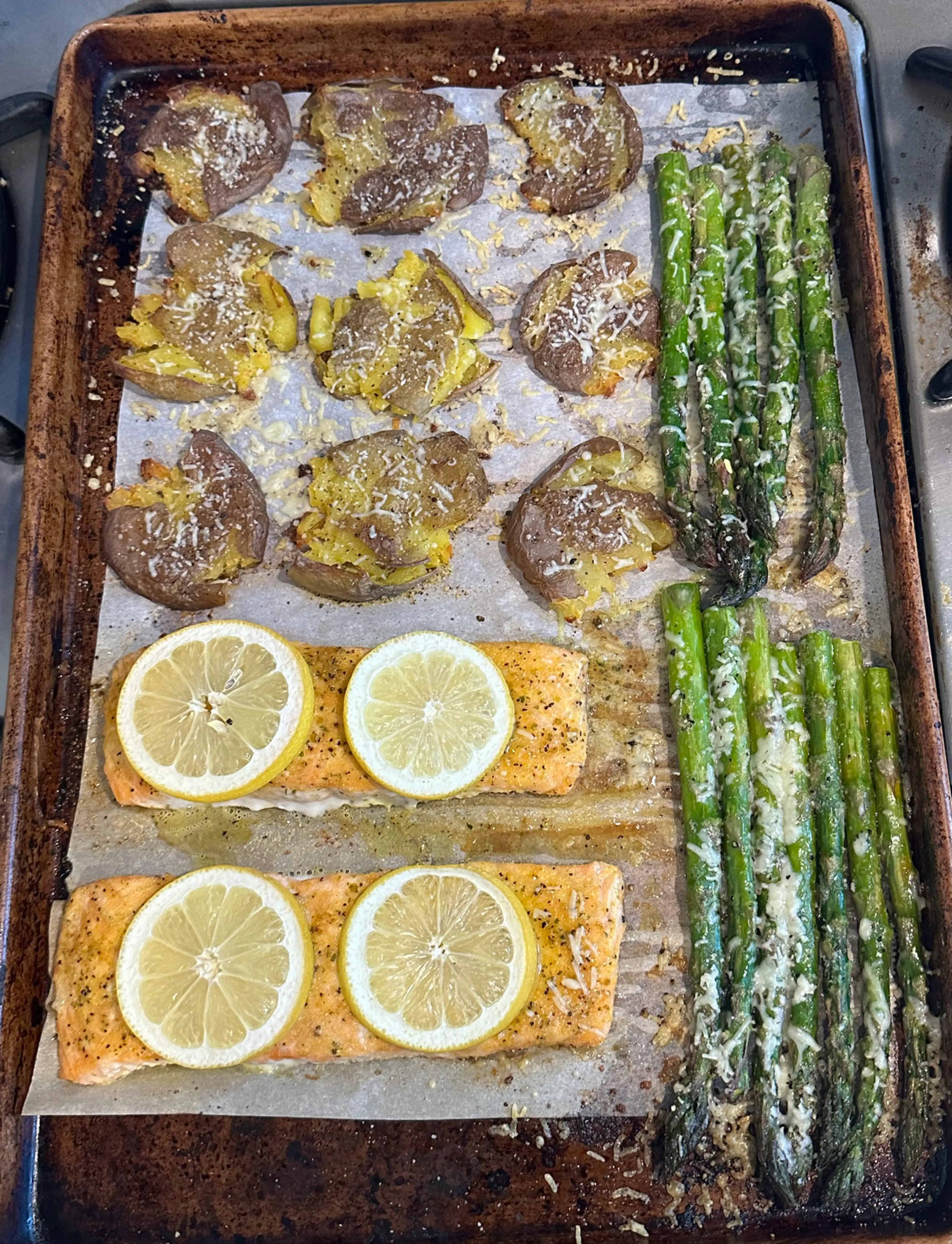 Sheet Pan Salmon With Asparagus & Roasted Smashed Potatoes