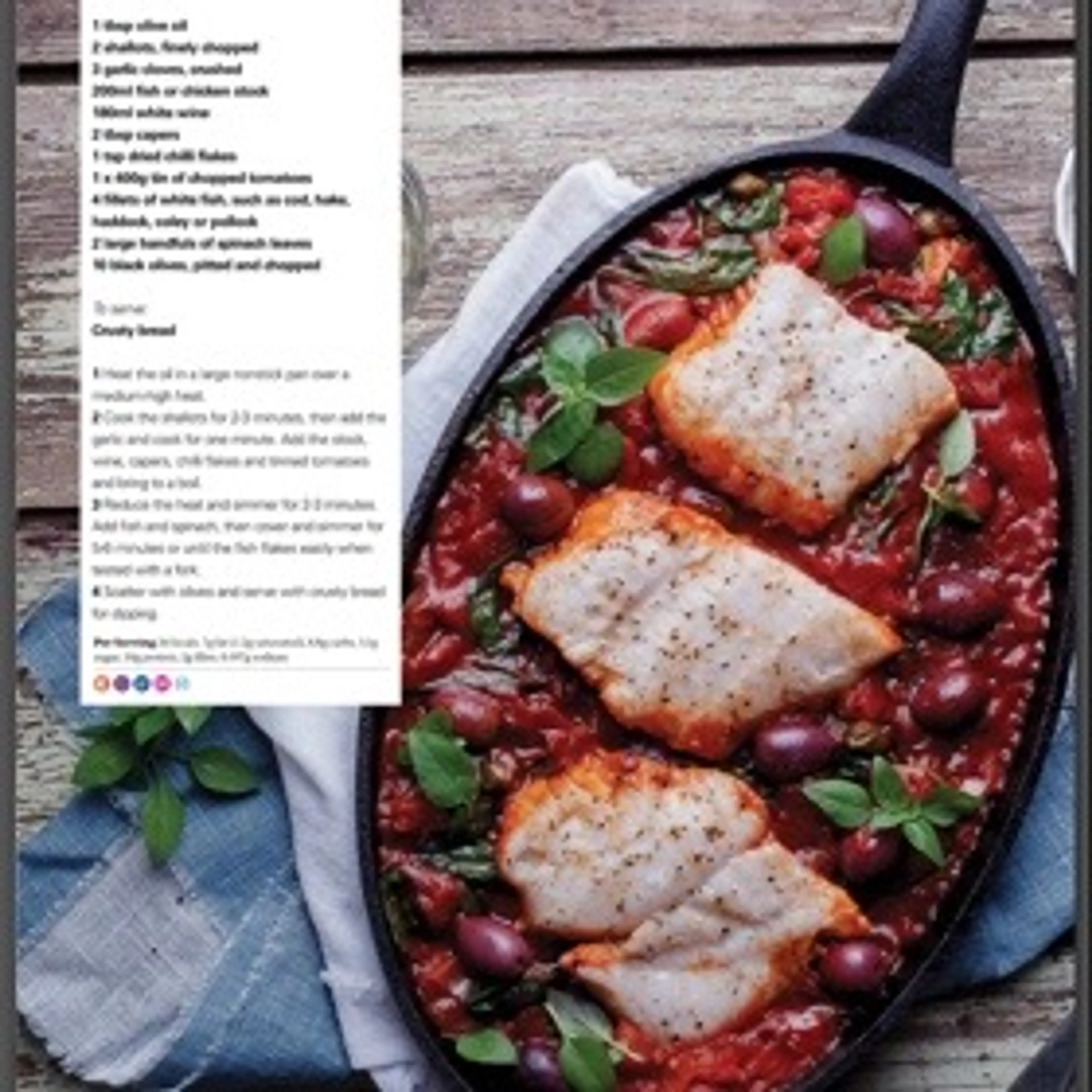Spicy tomato-poached fish with olives
