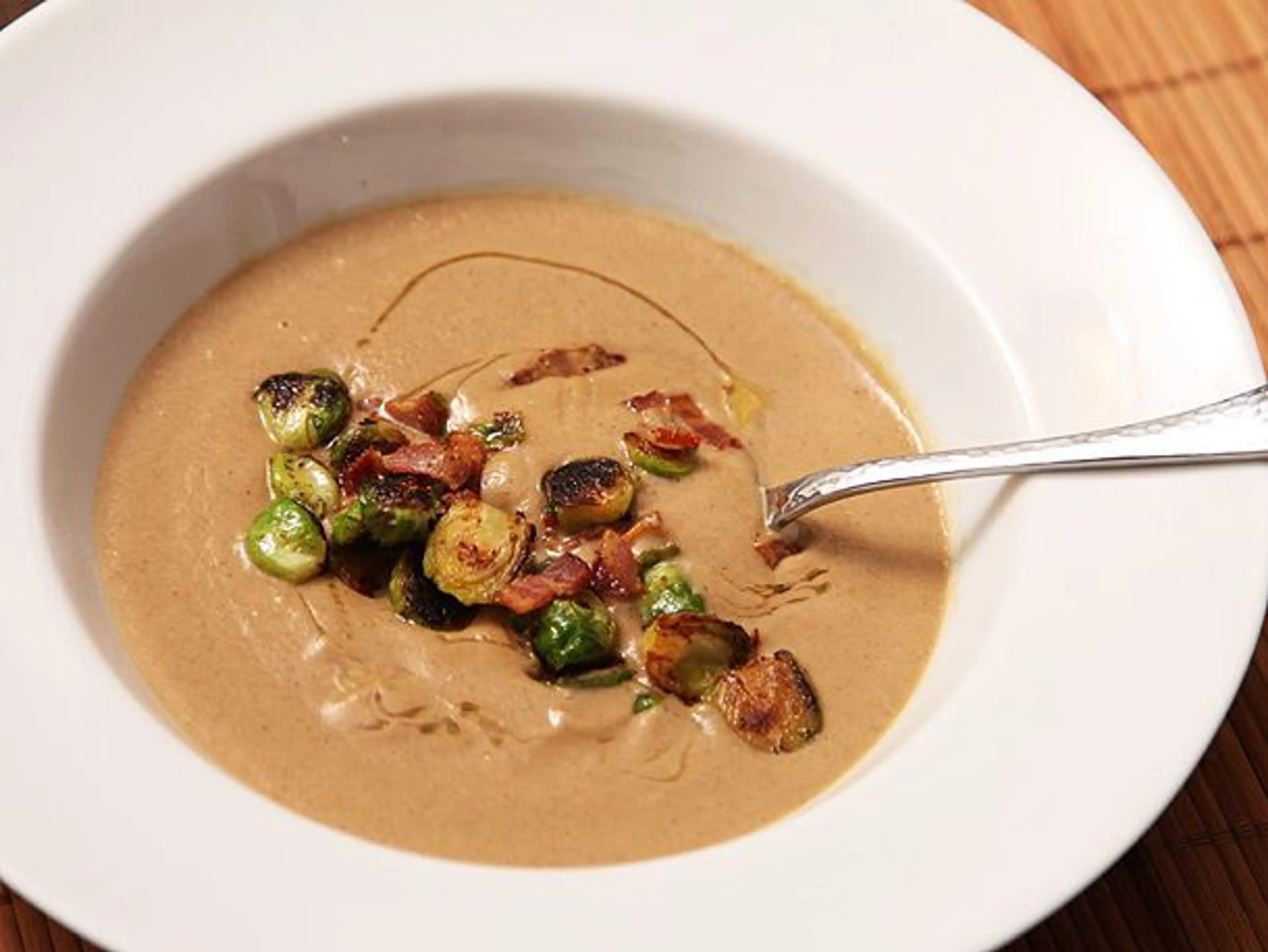 Brown Butter-Sunchoke Soup With Brussels Sprouts and Bacon R