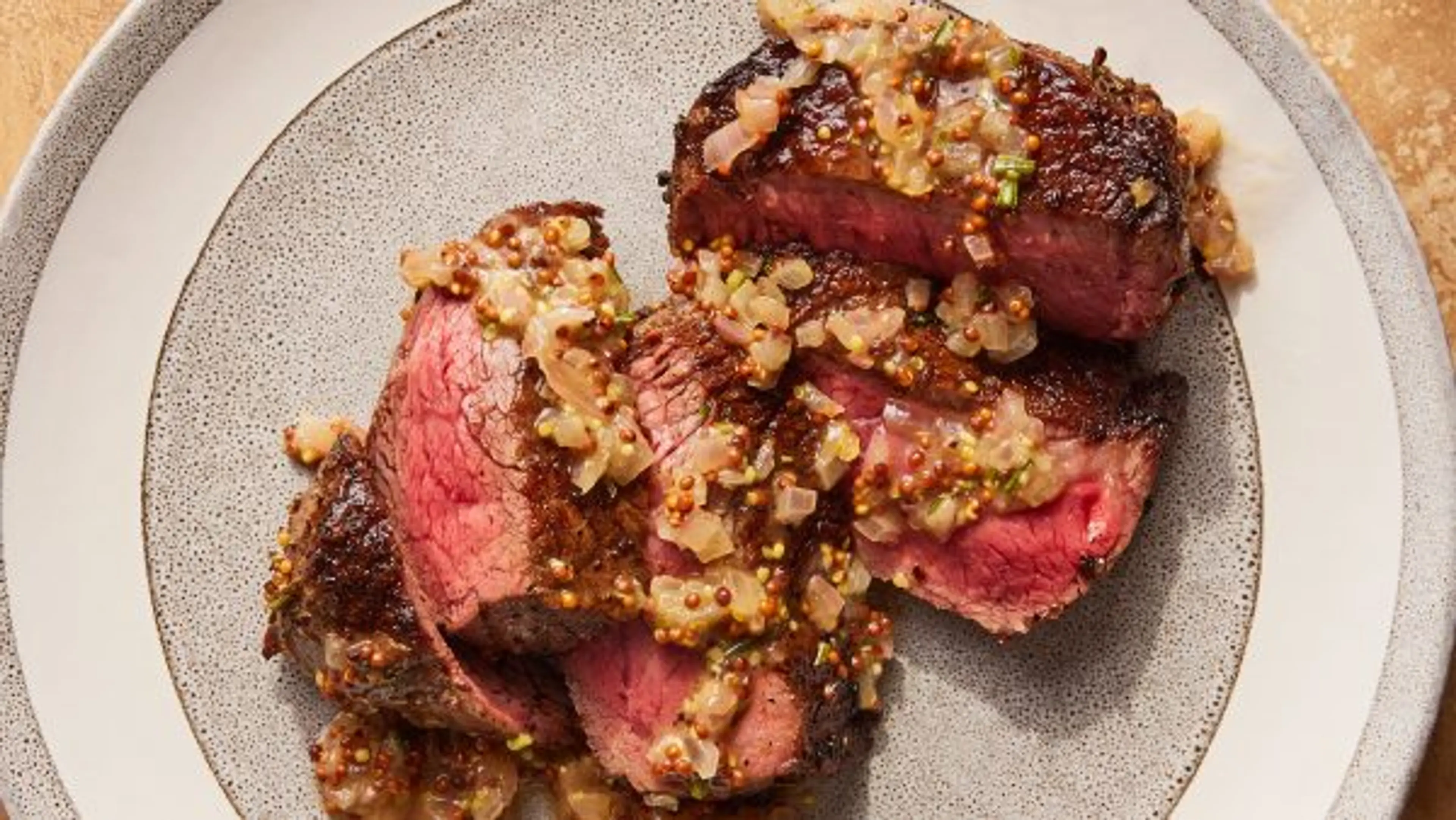 Pan-Seared Steak with Mustard Seeds, Black Pepper, and Rosem