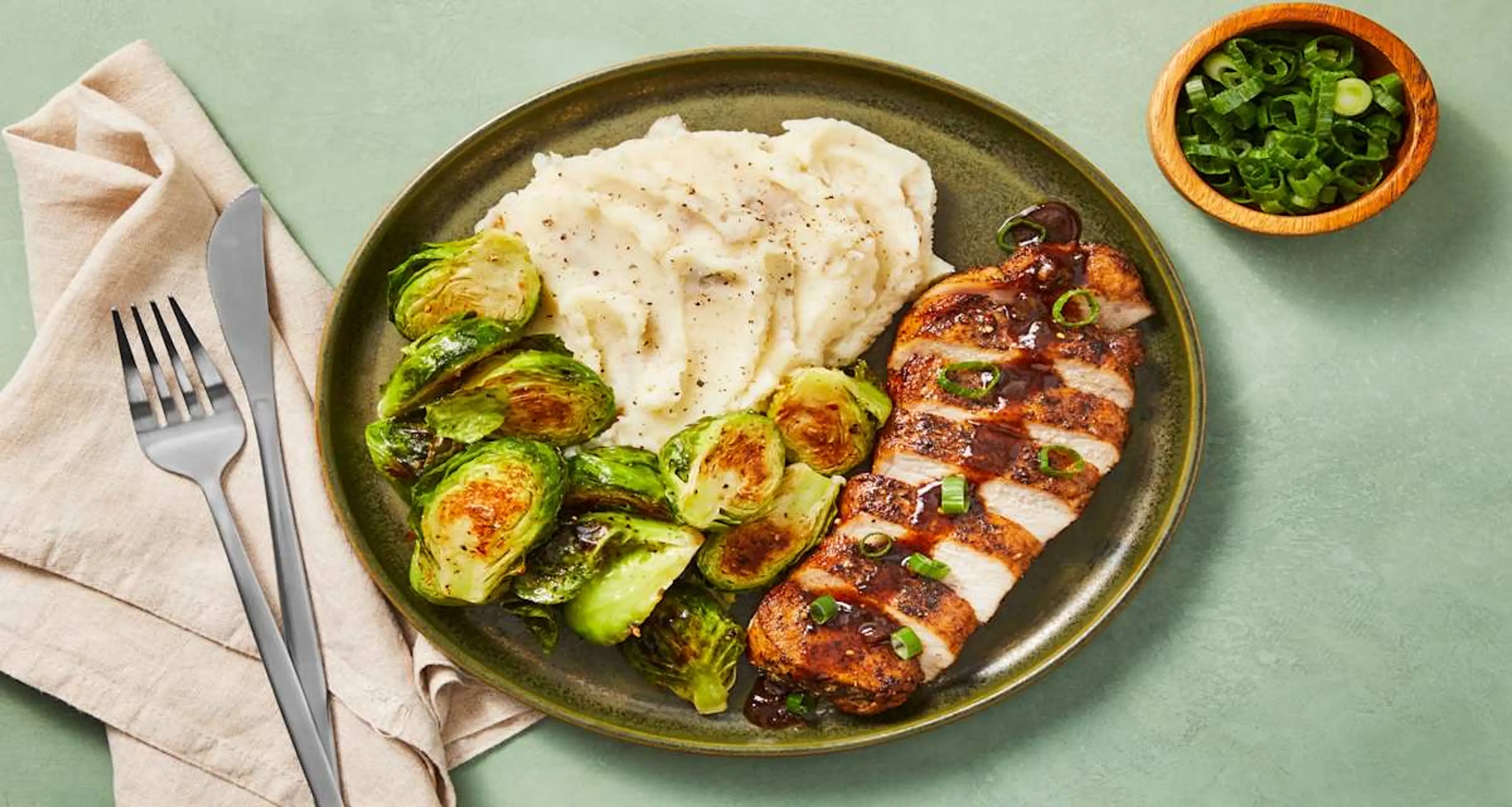Ancho-Cherry Glazed Pork Chops with Roasted Brussels Sprouts
