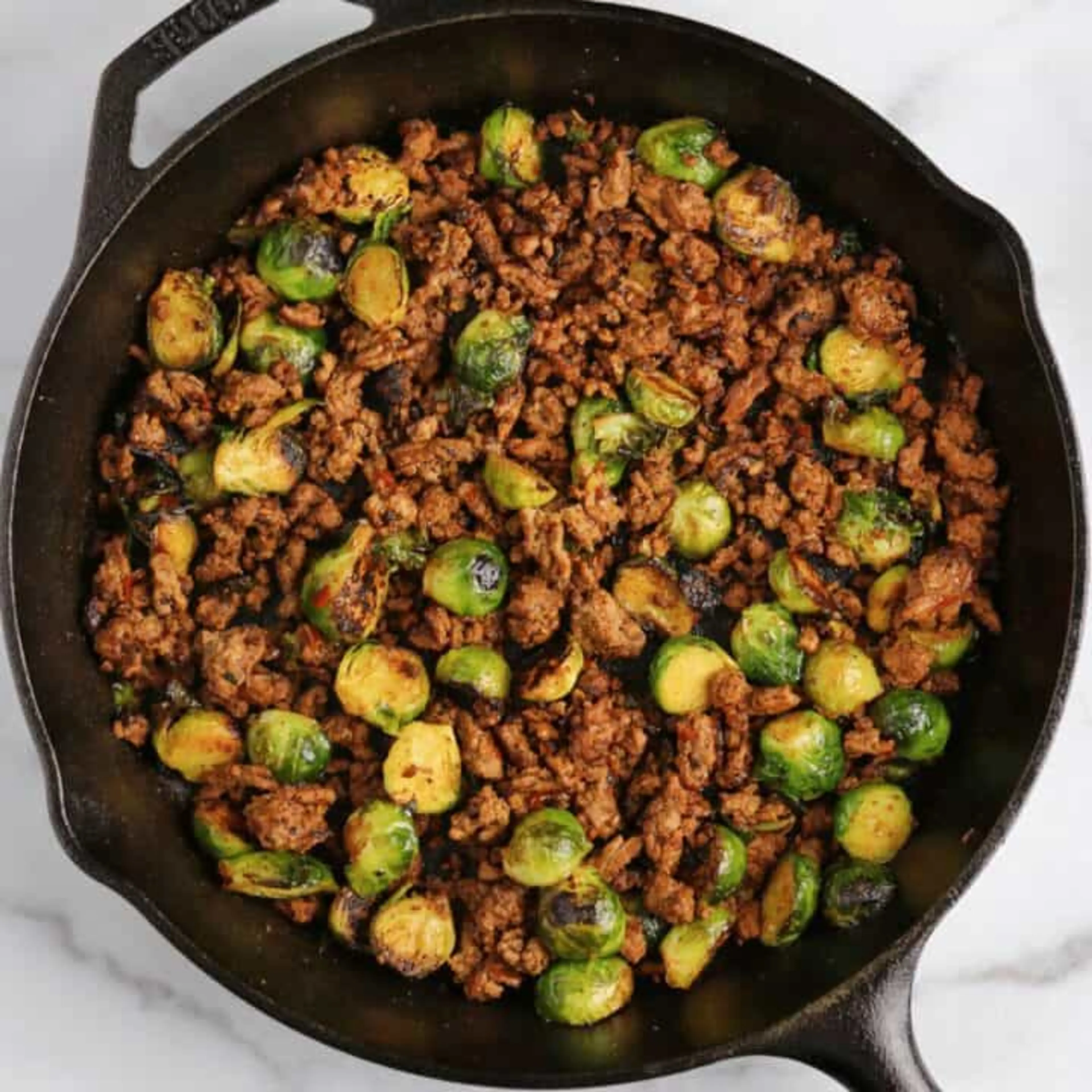 Sweet Chili Ground Beef and Brussels Sprouts Skillet