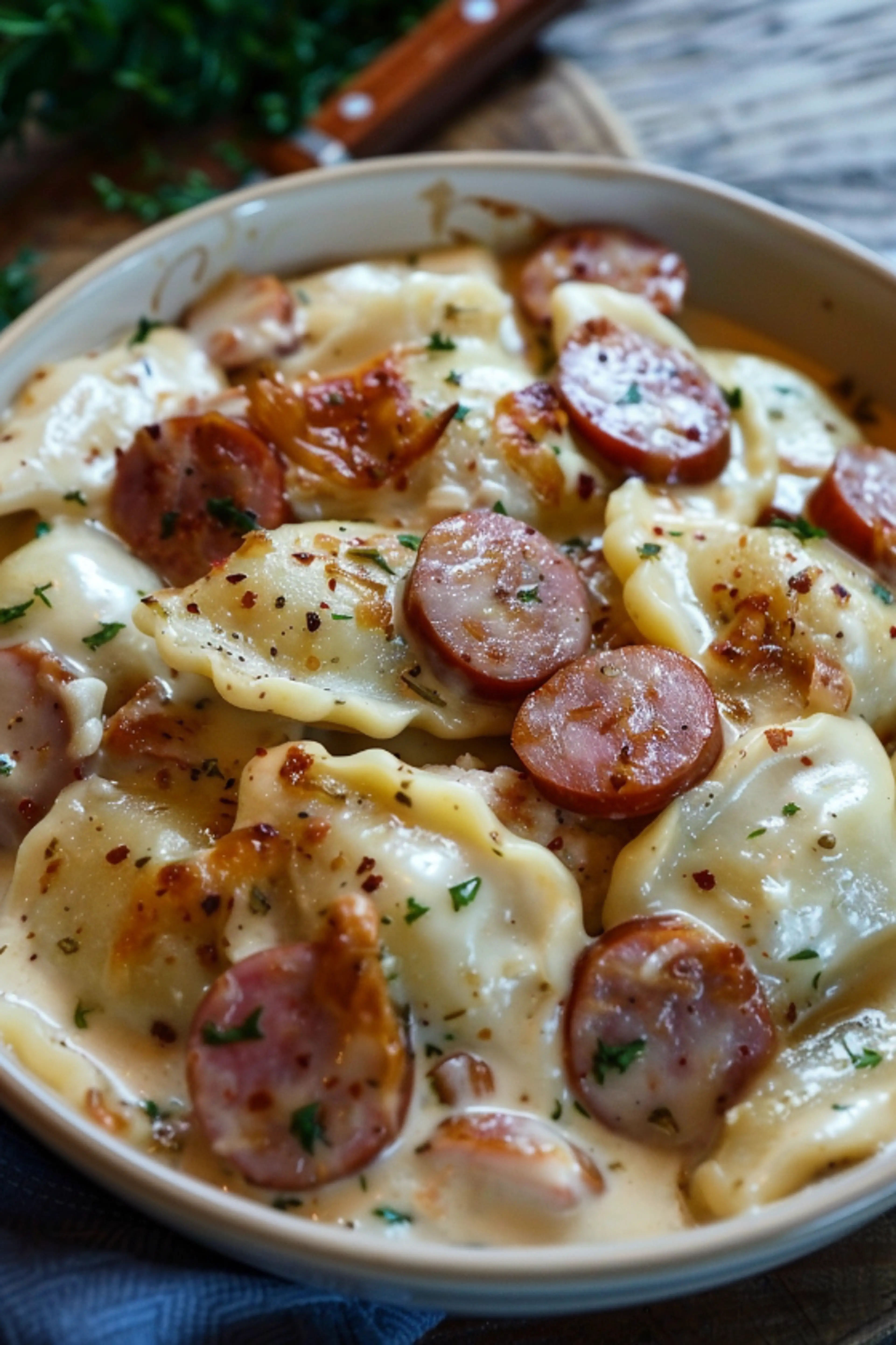 Crockpot Pierogi Casserole with Kielbasa