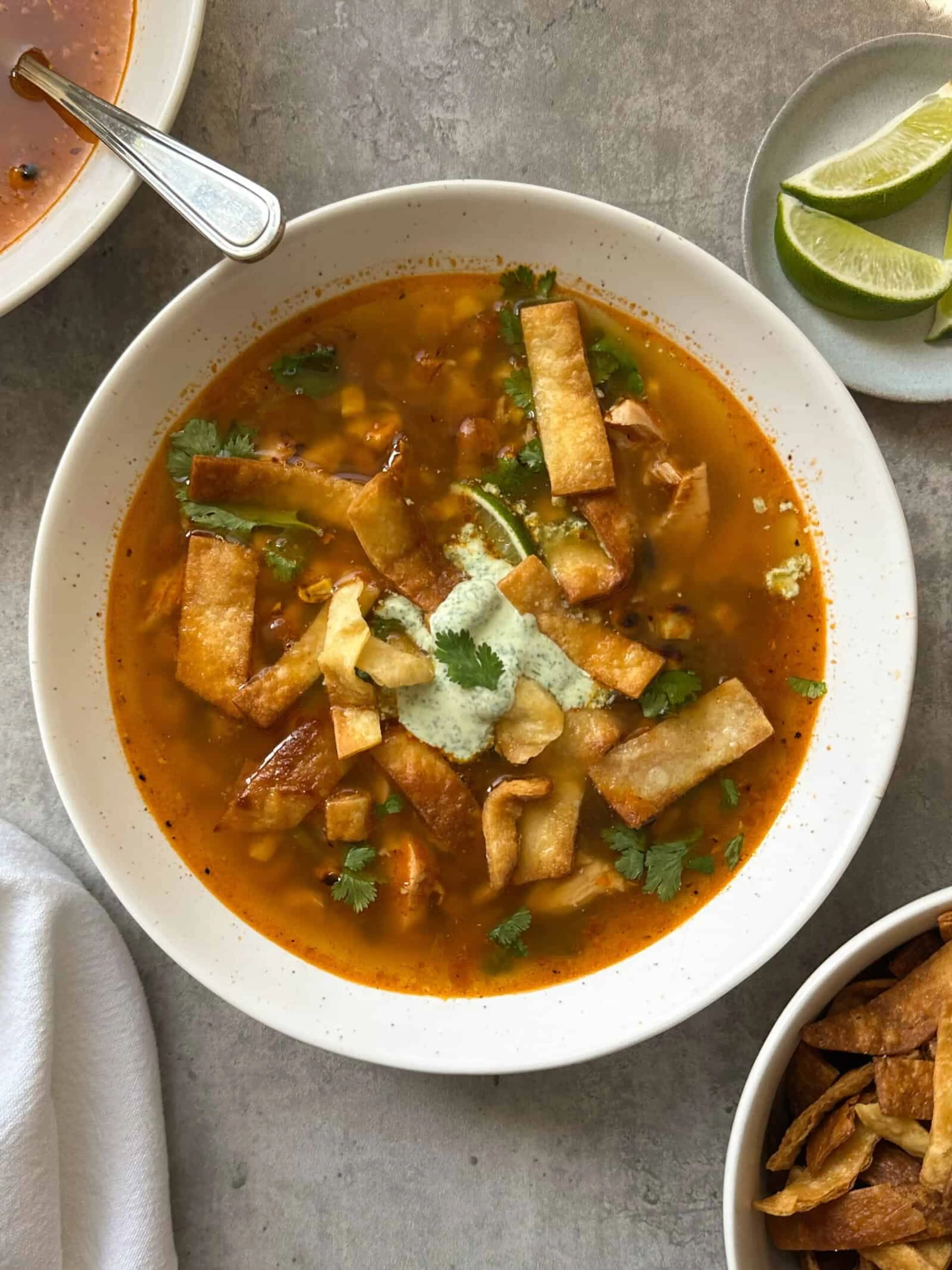 Chicken Poblano Soup with Roasted Corn, Beans & Lime Crema