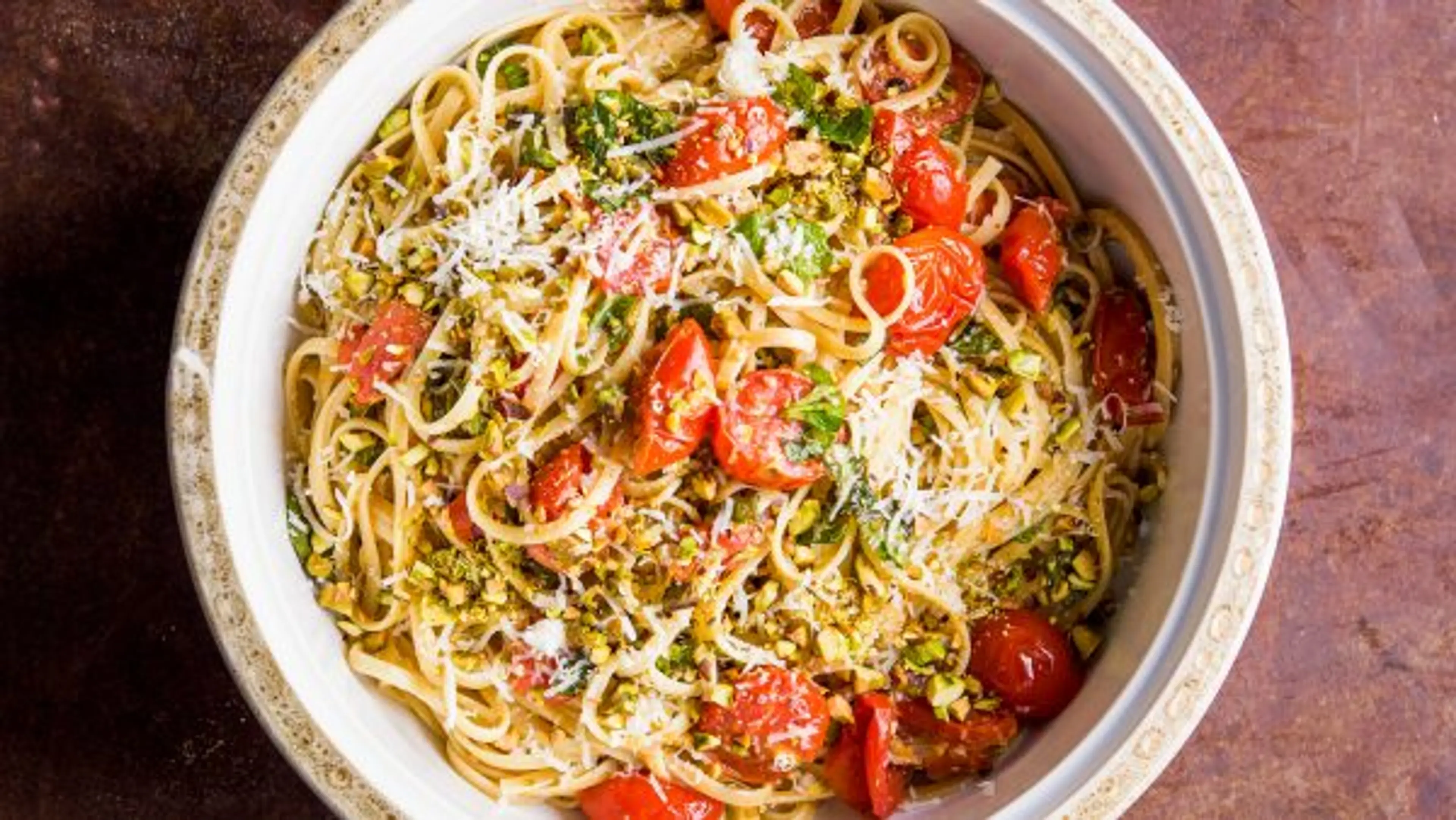 Pasta with Pistachios, Tomatoes and Mint
