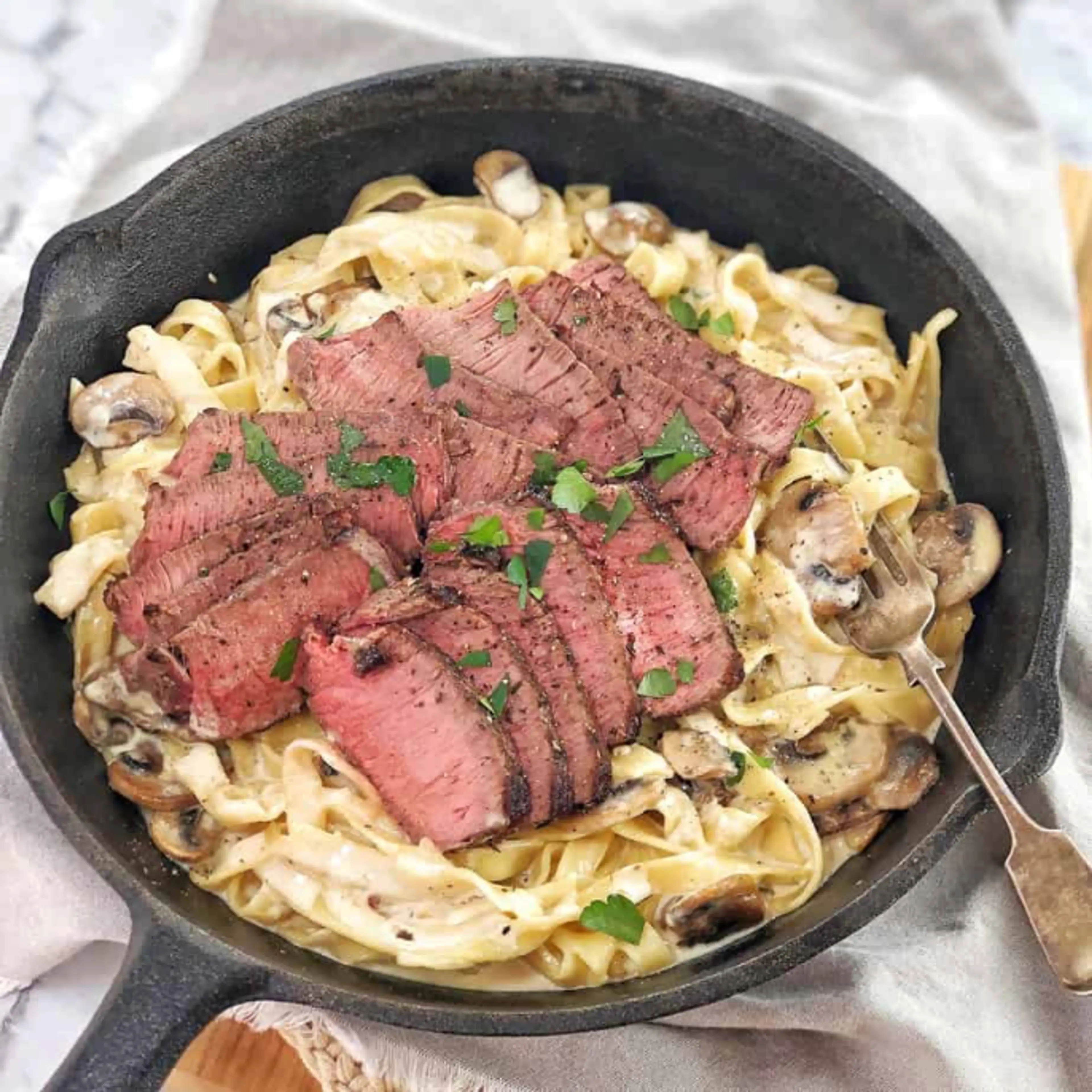 Creamy Steak Alfredo with Mushrooms and Fettuccine