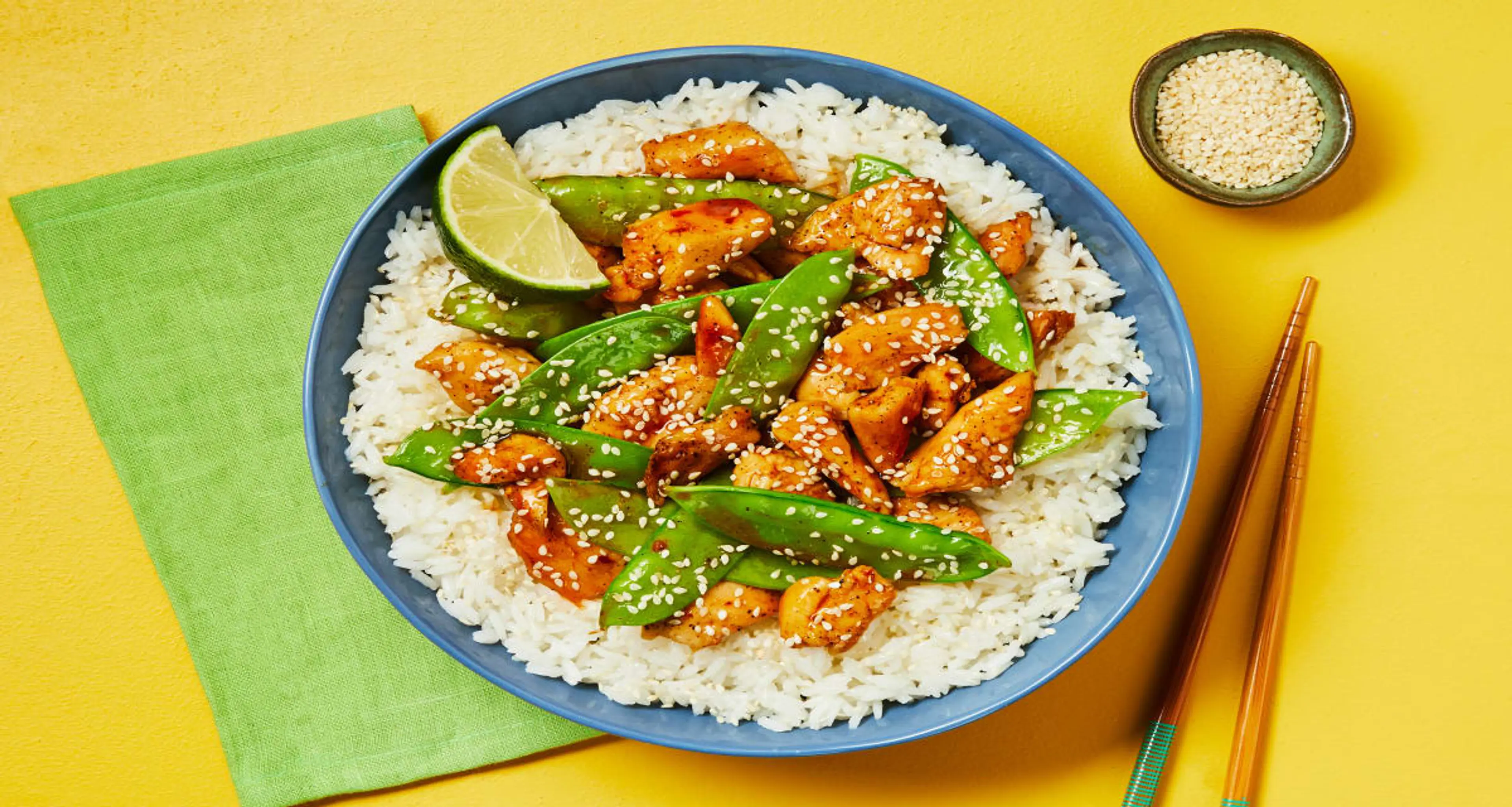 Chicken & Snow Pea Stir-Fry with Jasmine Rice & Sesame Seeds