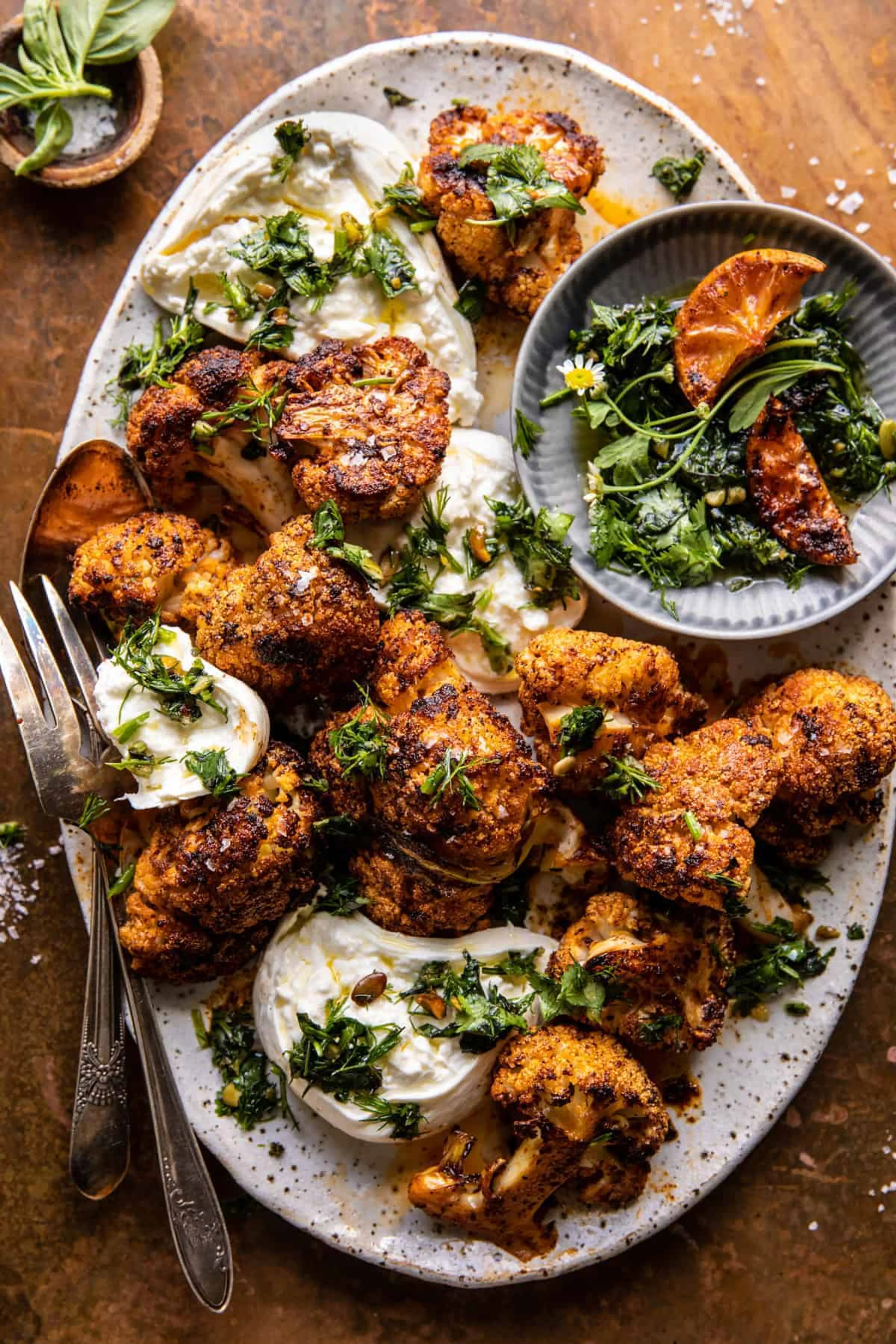 Crispy Roasted Blackened Cauliflower with Burrata and Herbs
