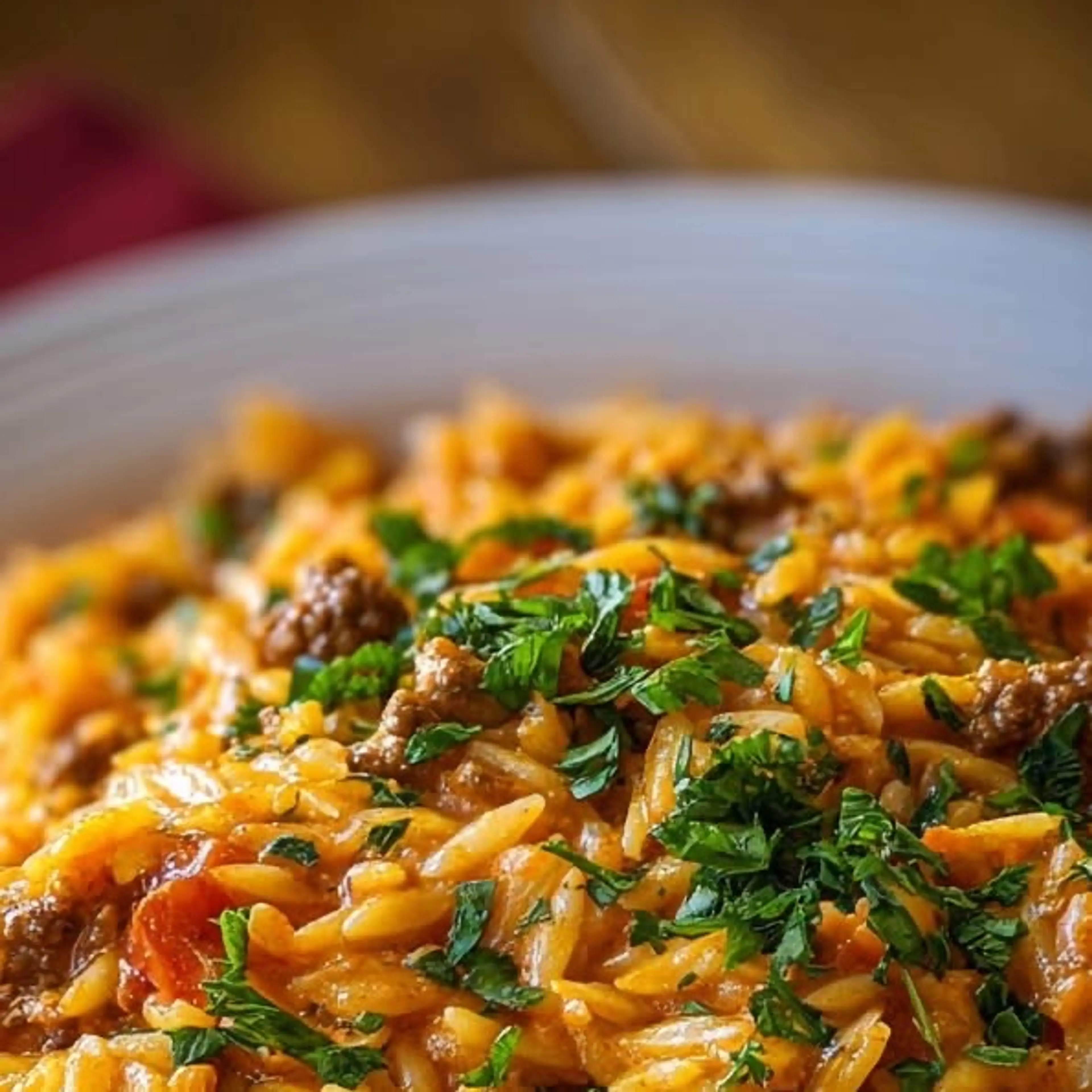 Savory Ground Beef Orzo with Tomatoes and Herbs