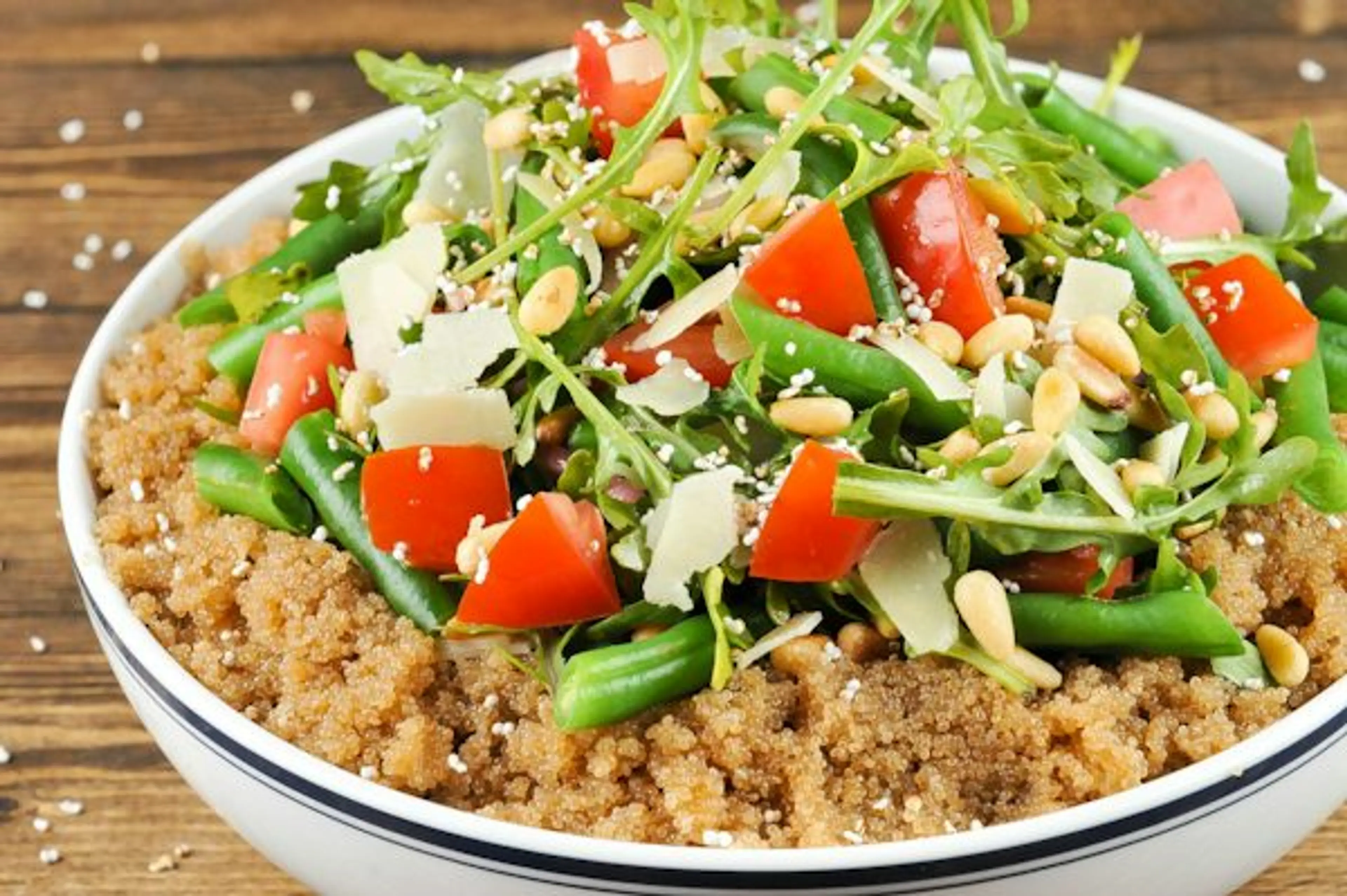 Amaranth Bowl with green beans, tomatoes, arugula, and Parme