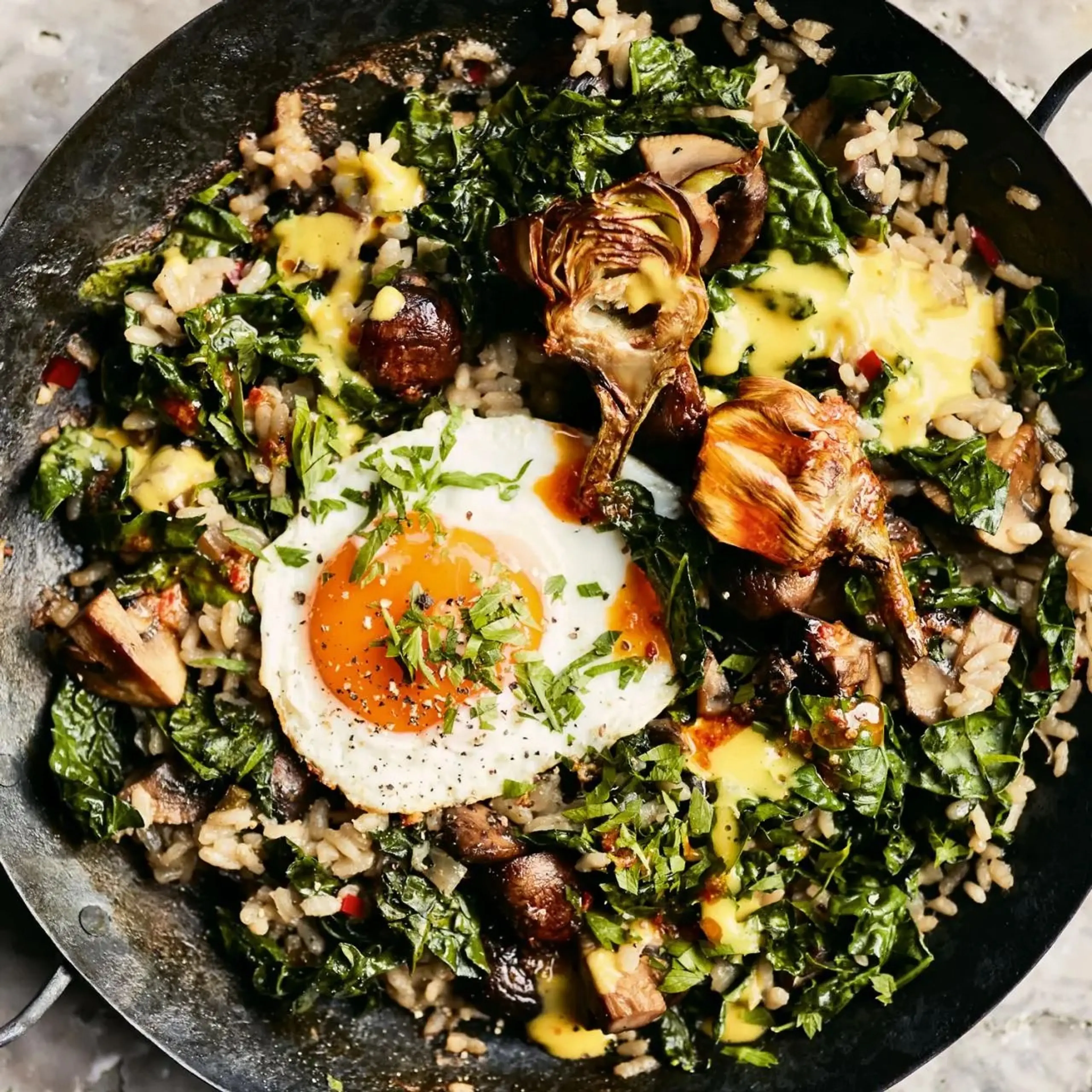 Kale and Wild Mushroom Paella with Saffron Sauce