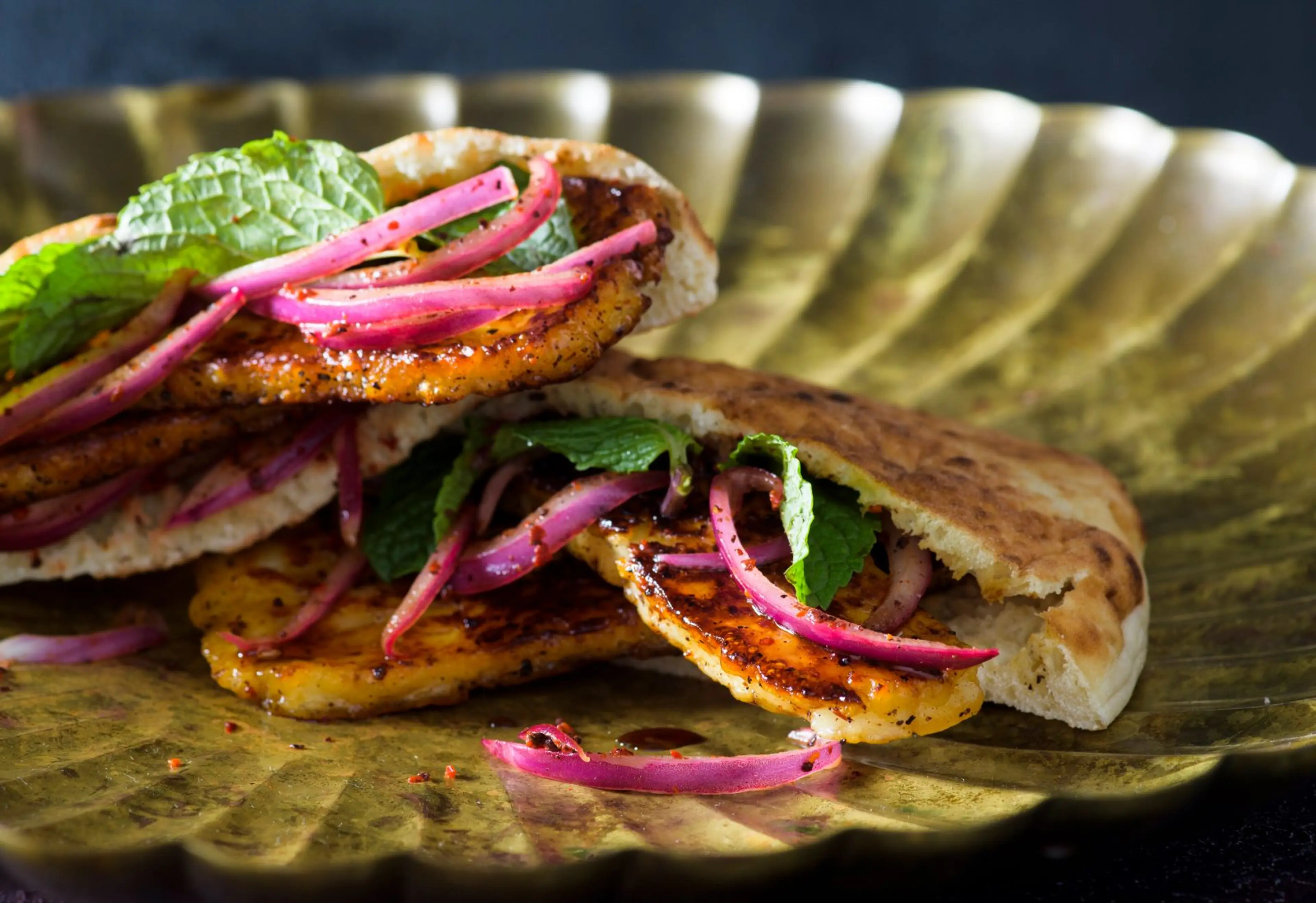 Fried Halloumi Sandwiches with Pickled Onion, Pomegranate Mo