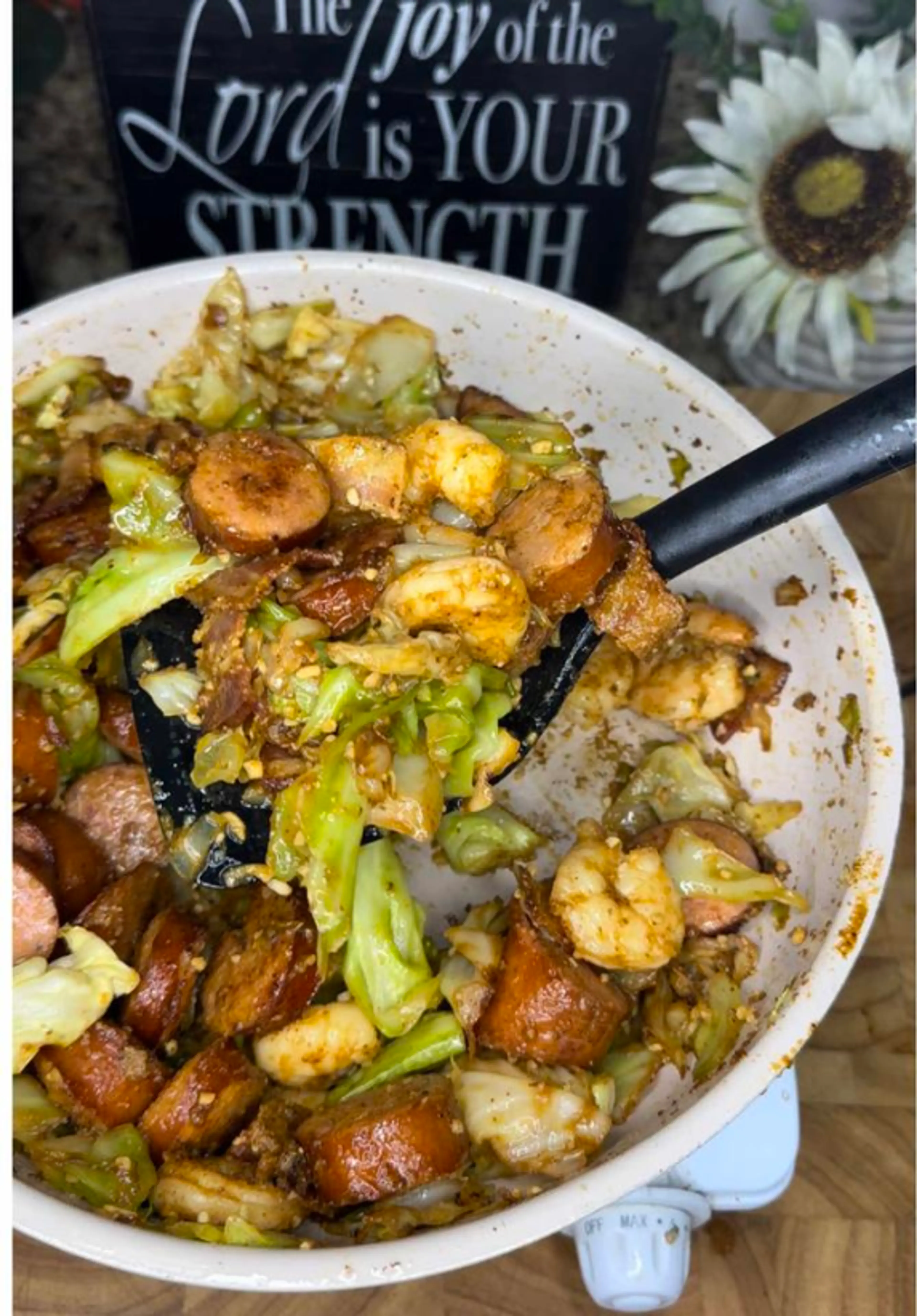 Fried Cabbage with Shrimp, Sausage, and Bacon
