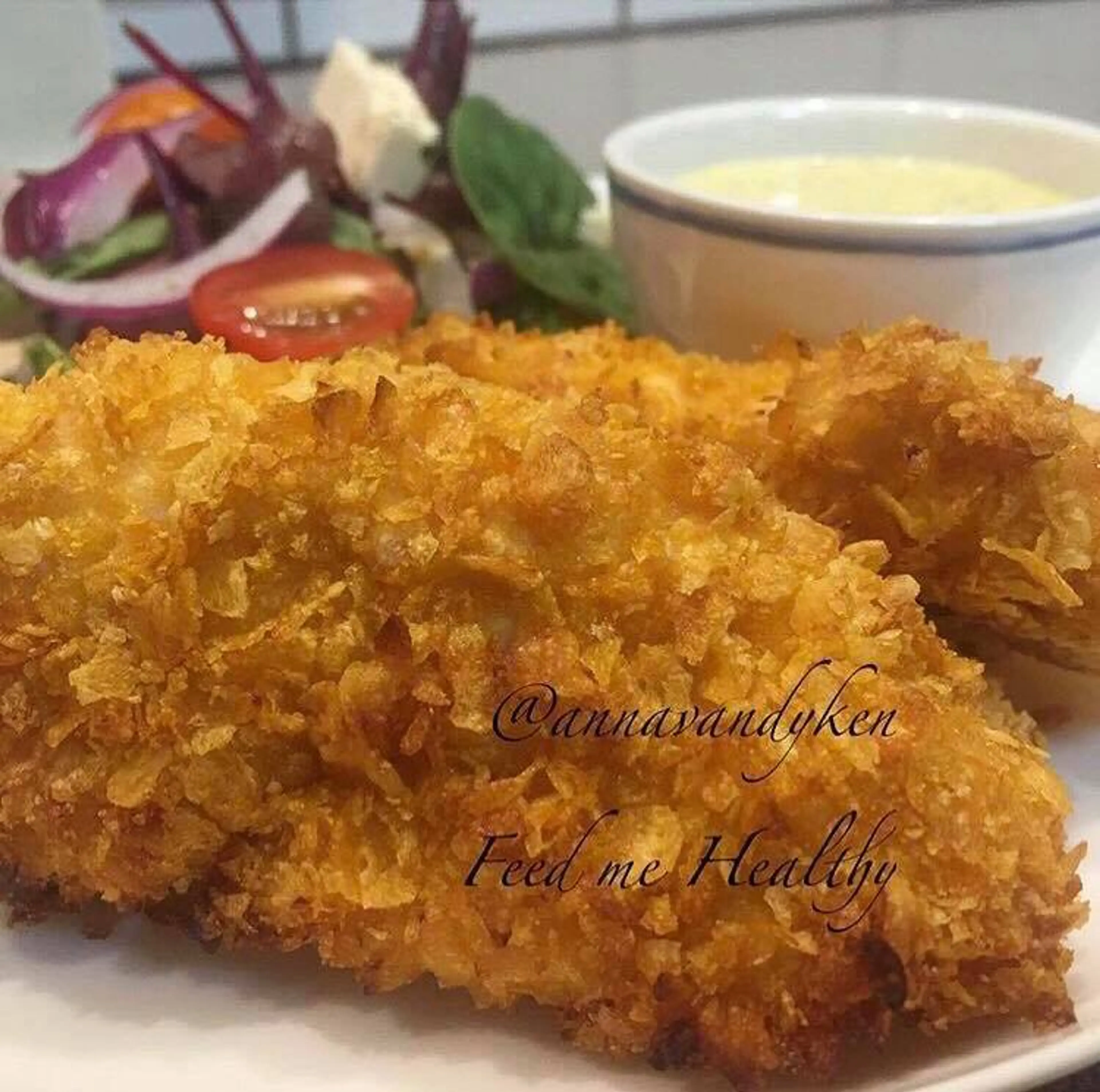 Crunchy Cornflake Crumbed Chicken tenders with honey mustard