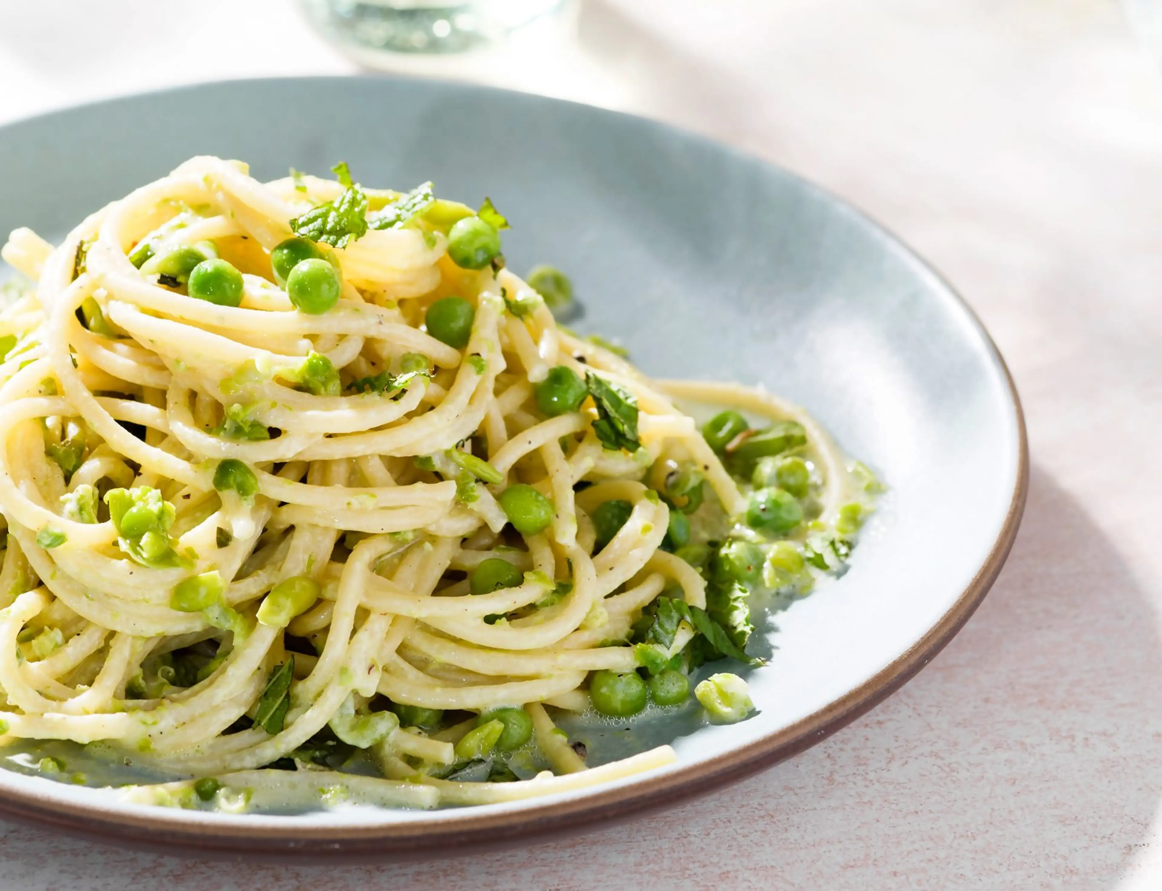 Spaghetti with Goat Cheese, Mint and Peas