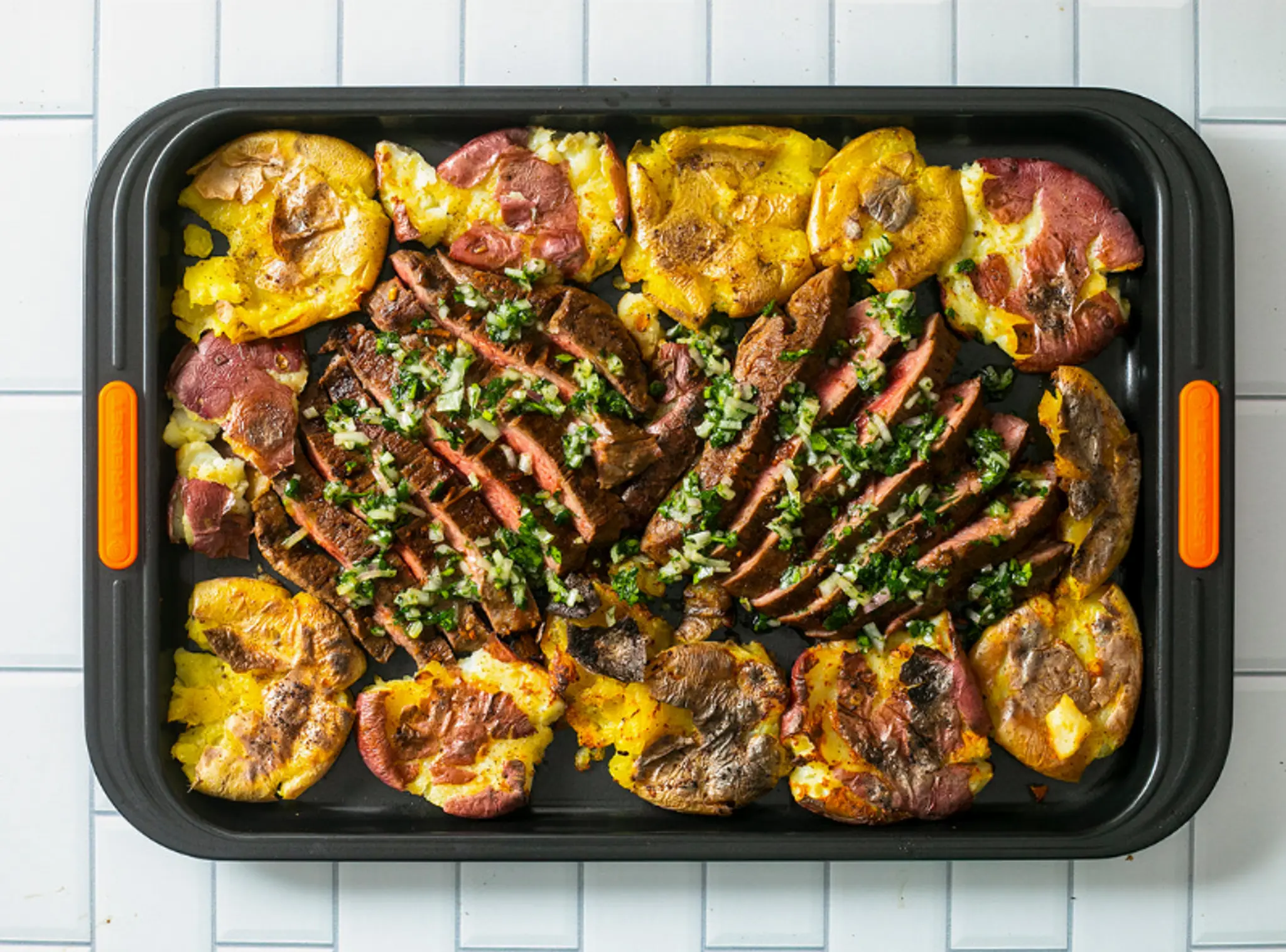 Sheet Pan Soy-Marinated Flank Steak With Savory Smshd Potato