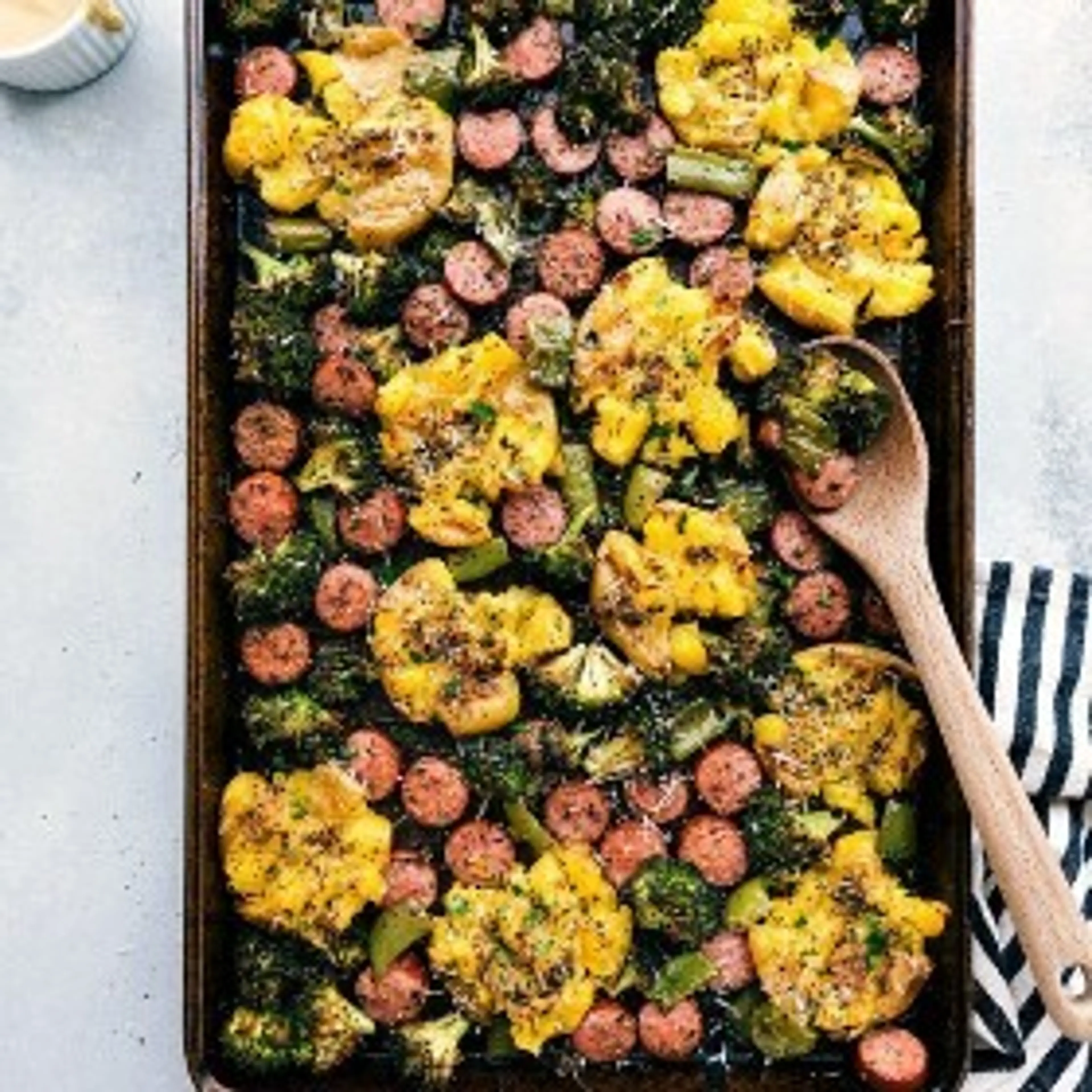 Sausage, Veggies, and Smashed Potatoes