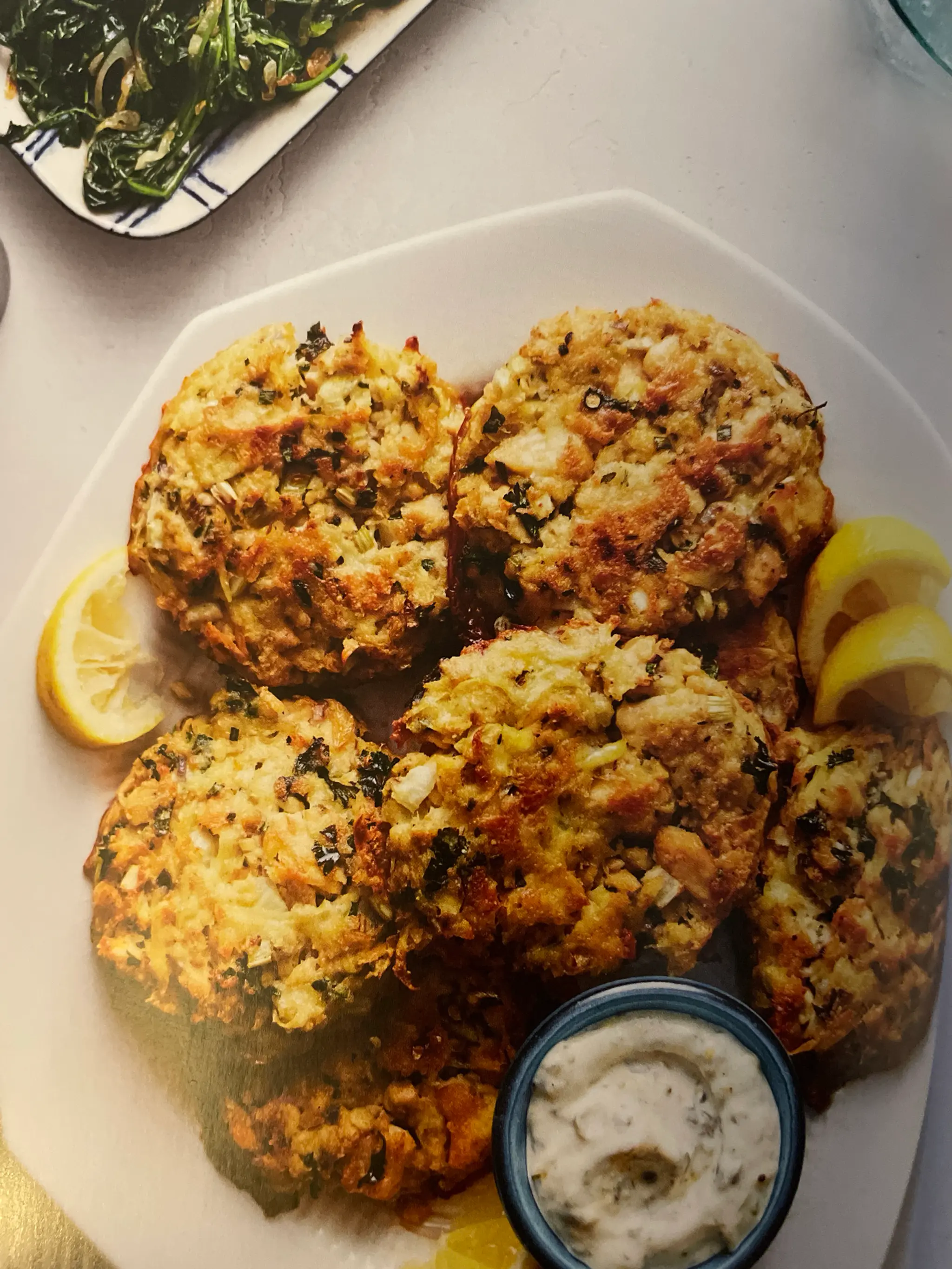 SALMON CAKES WITH LEMON-CAPER MAYO AND SHALLOT-SAUTÉED SPINA