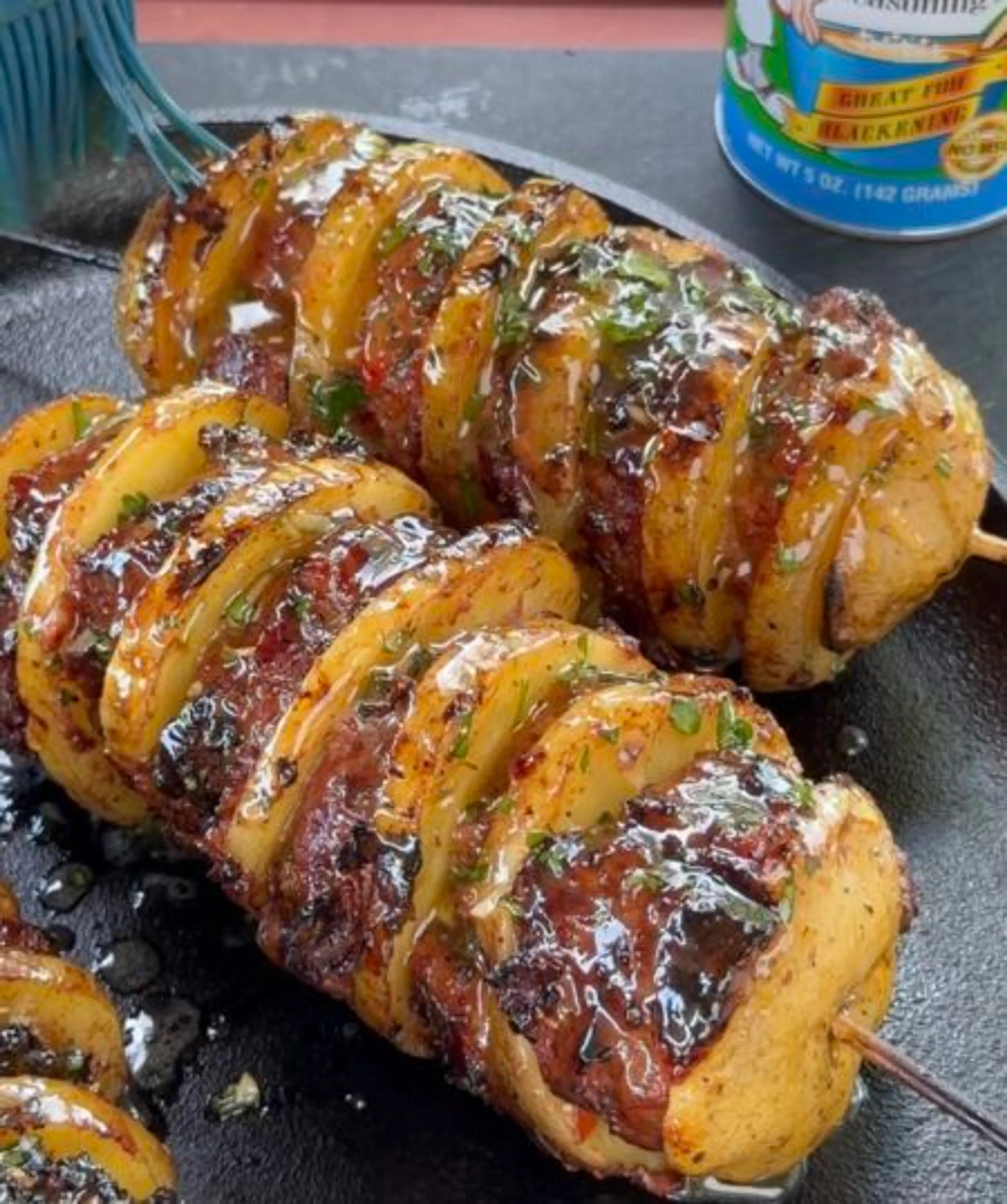 crispy beef and potato skewers