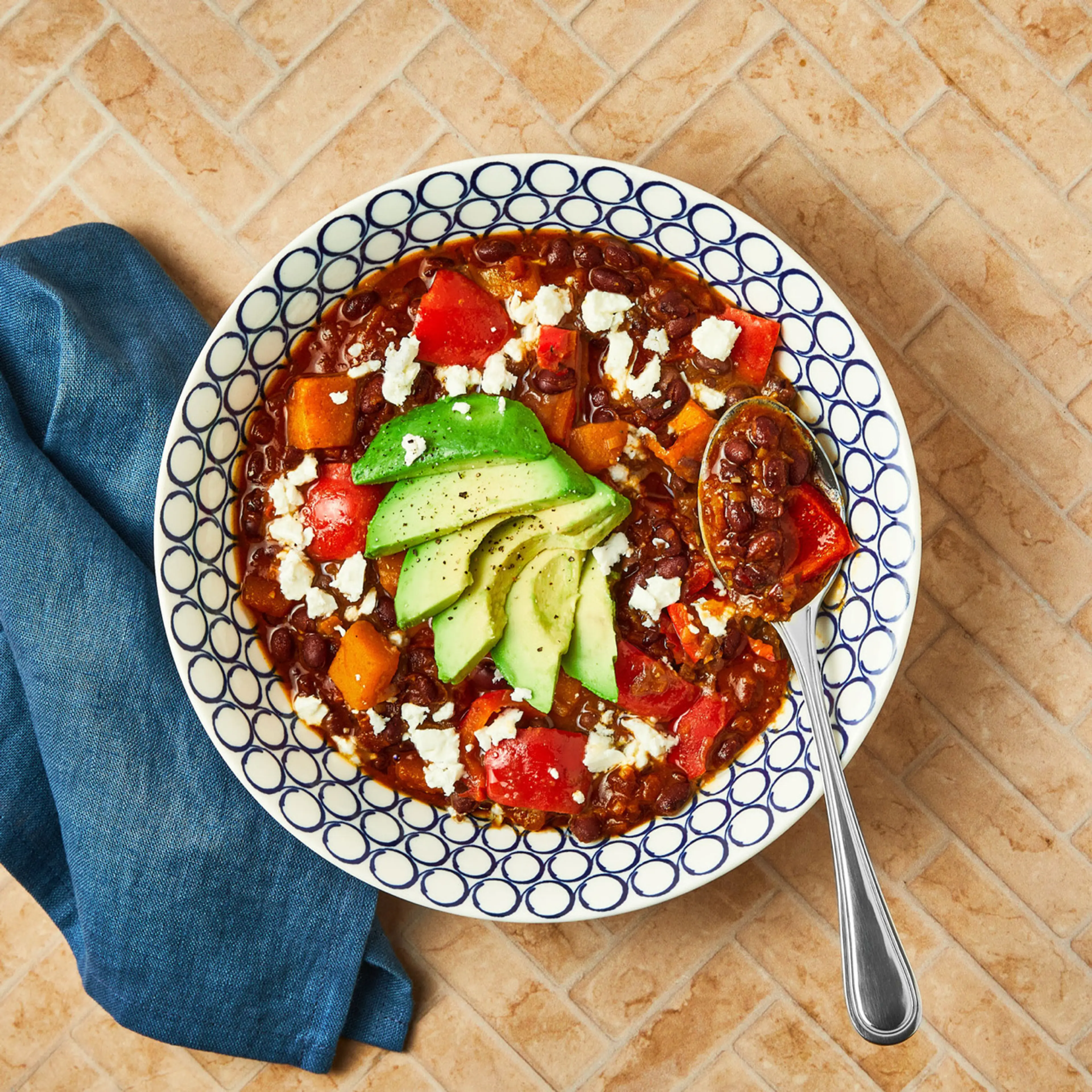 Black Bean & Squash Chilli With Feta And Avocado